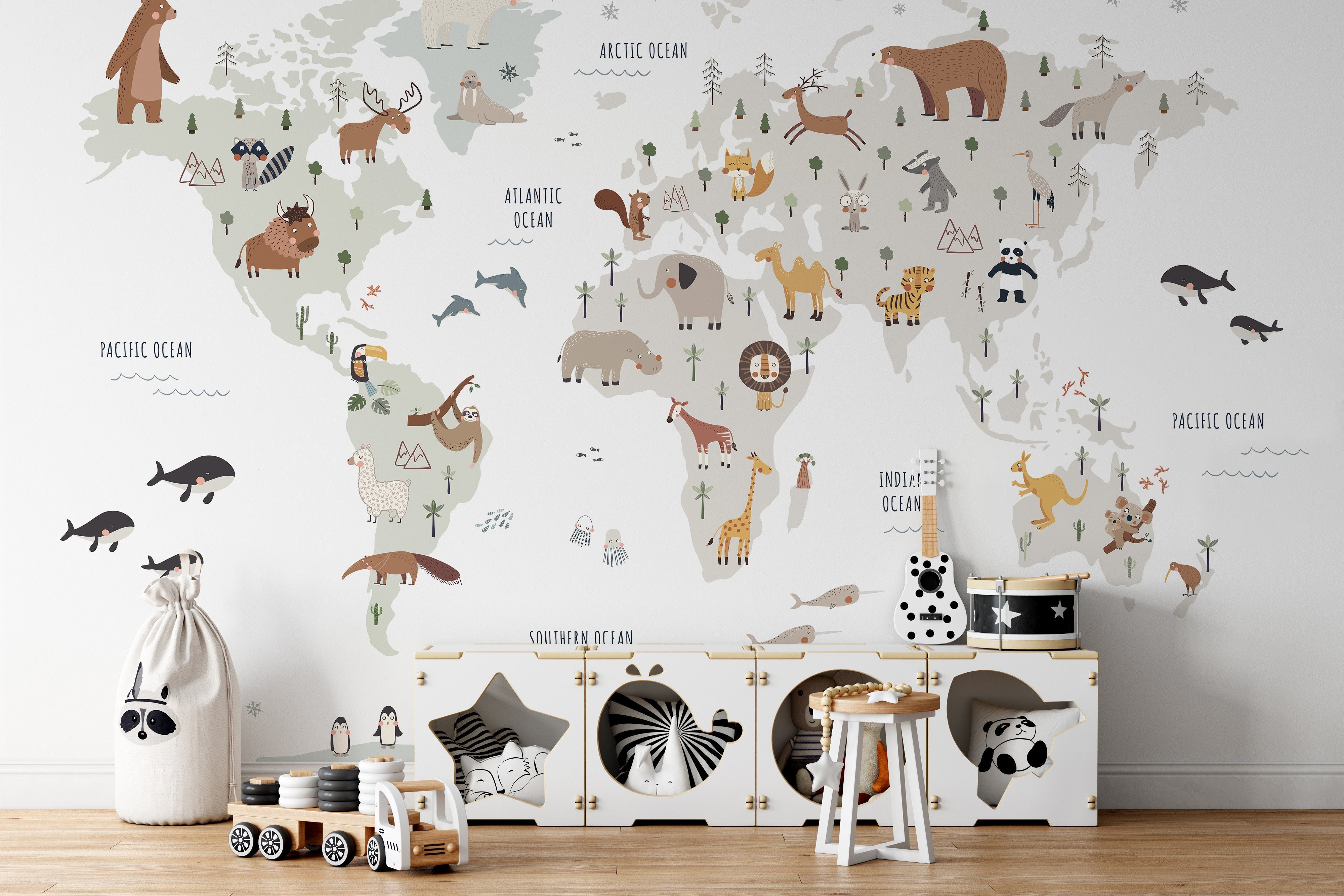 World animals wall mural for kids' education



