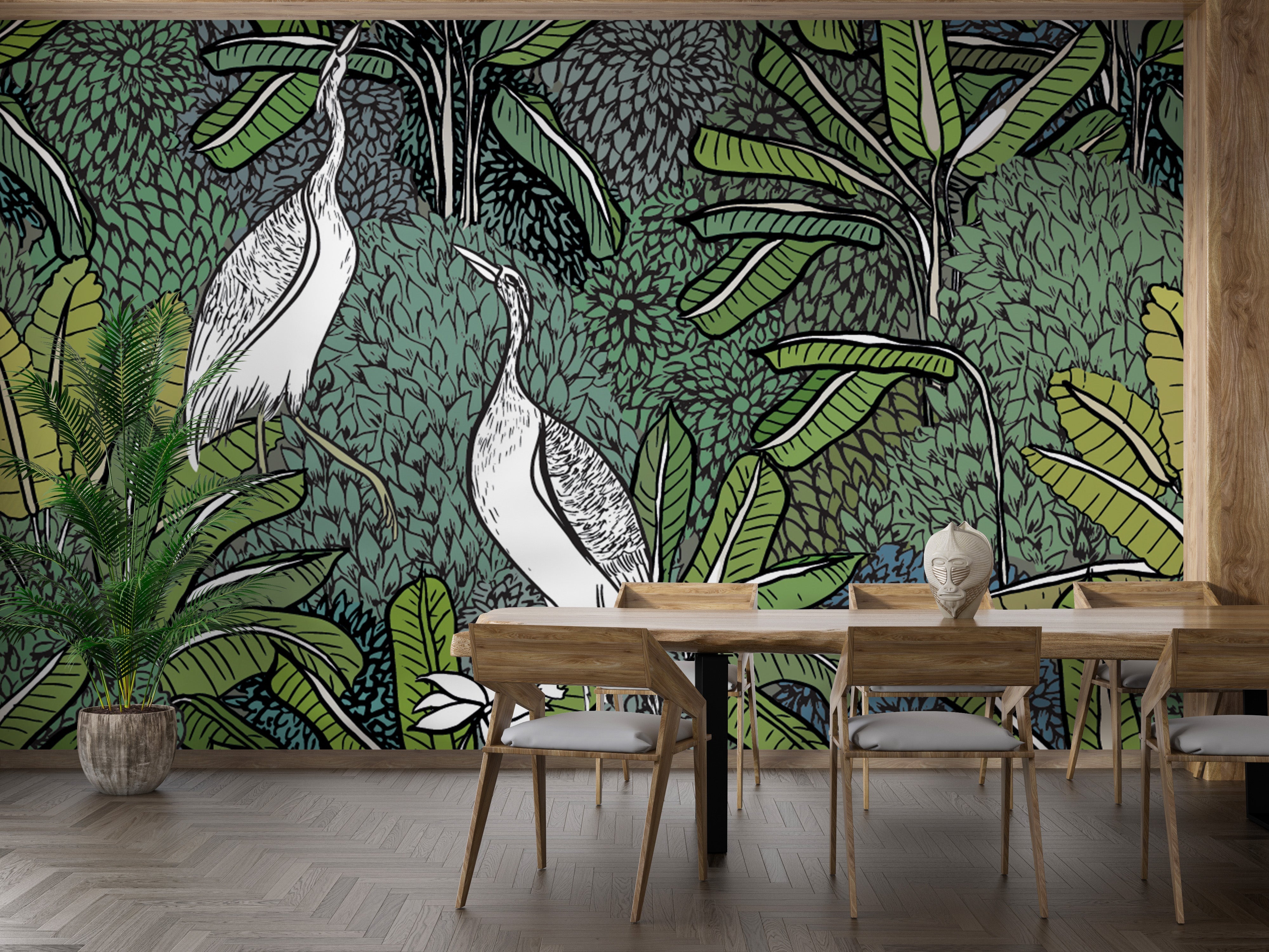 White Crane Birds & Green Tropical Plants Wallpaper - Giffywalls