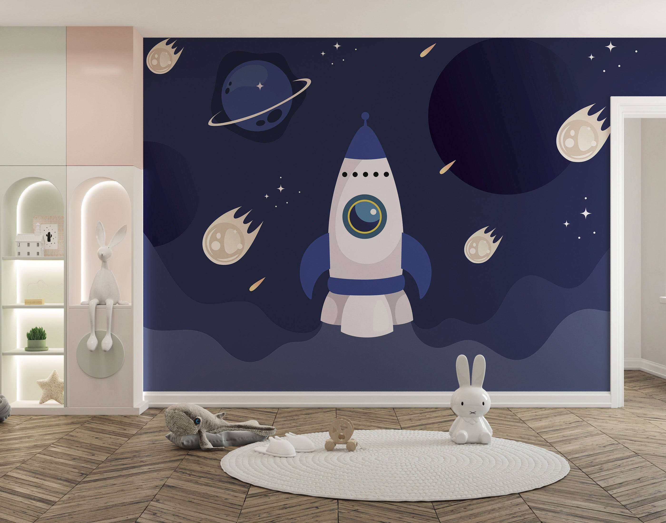 Vibrant space wallpaper creates joy in kids’ playrooms