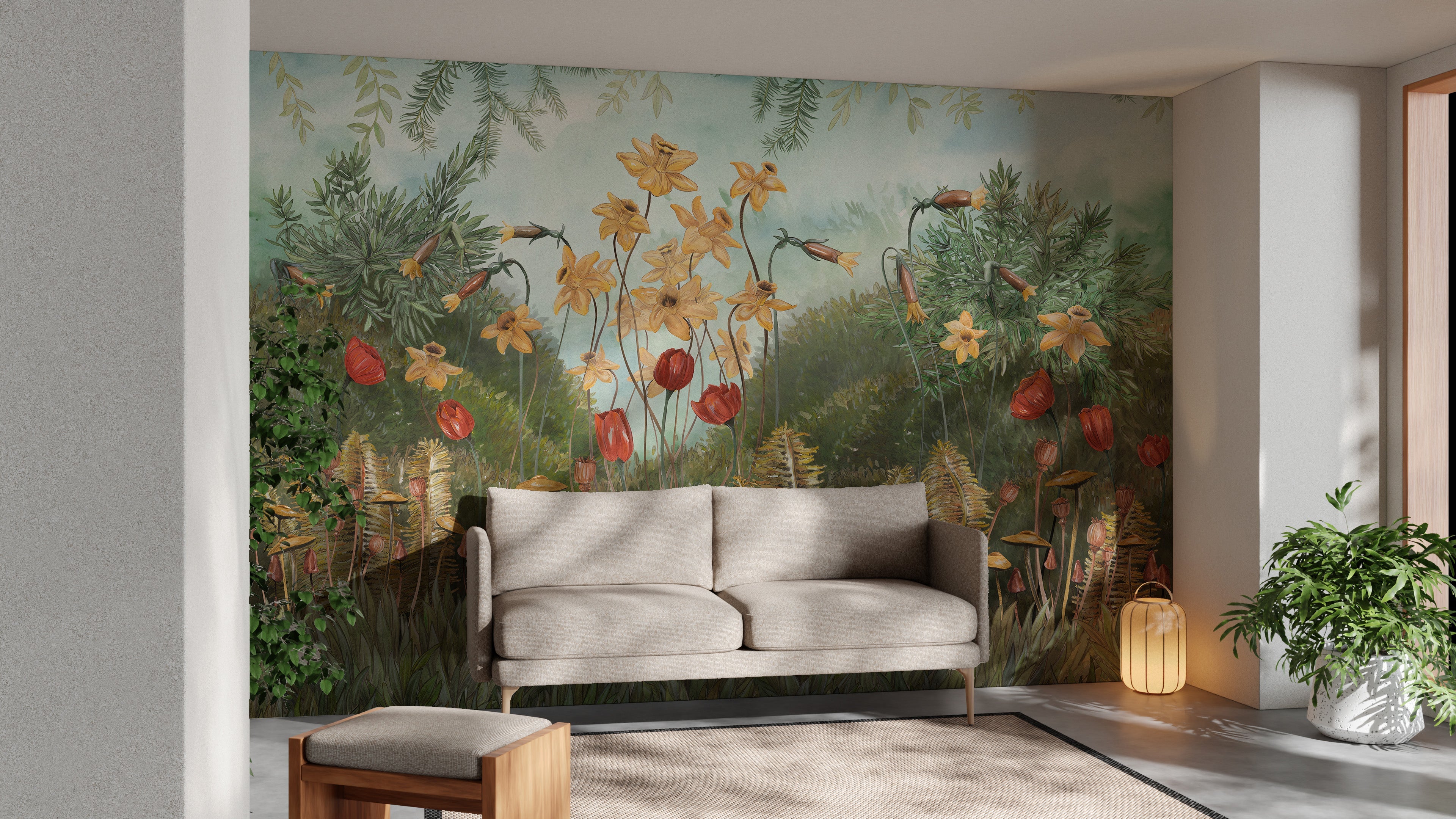 Watercolor flower and plants wallpaper mural design