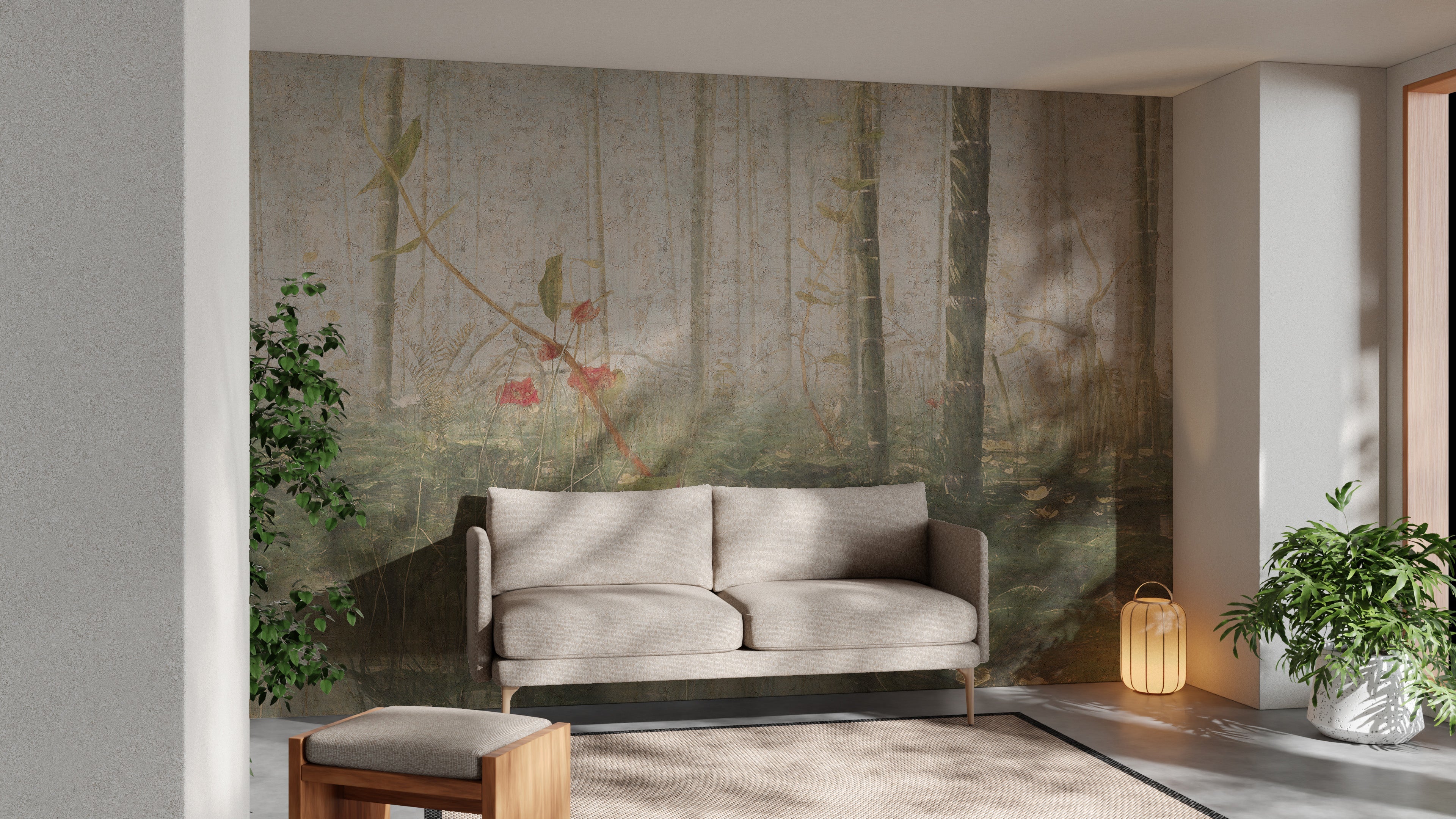 Serene tropical forest with fog mural art
