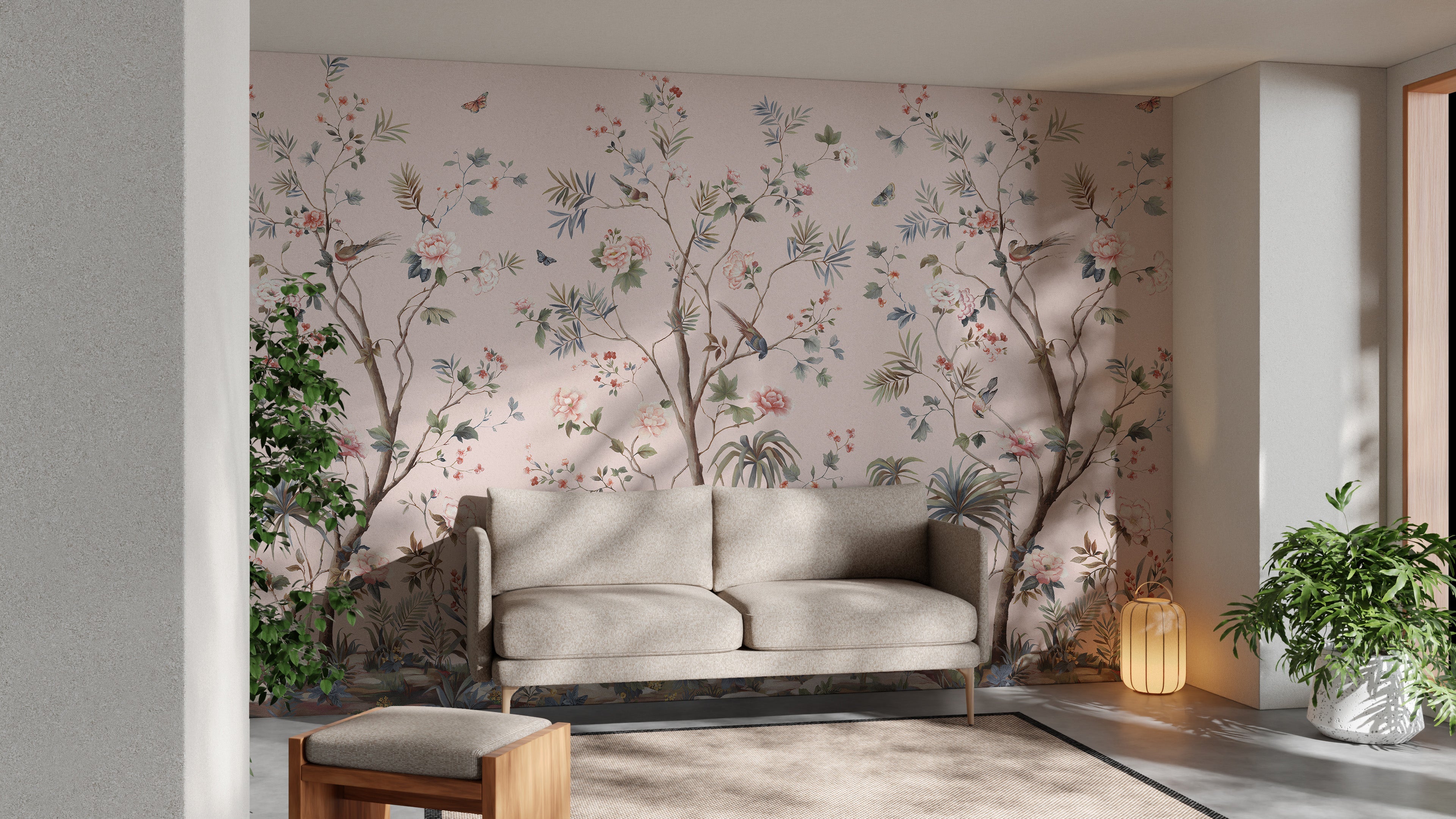 Chinoiserie Floral Wallpaper in Pink
