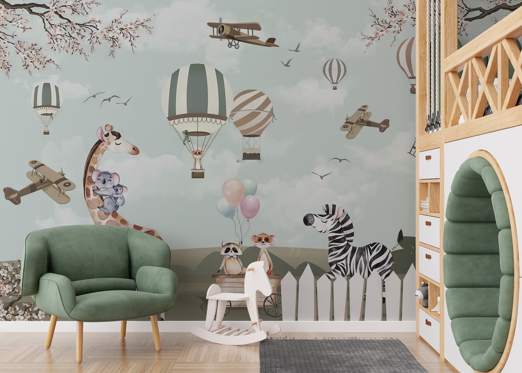 Adorable playful animal nursery wallpaper design