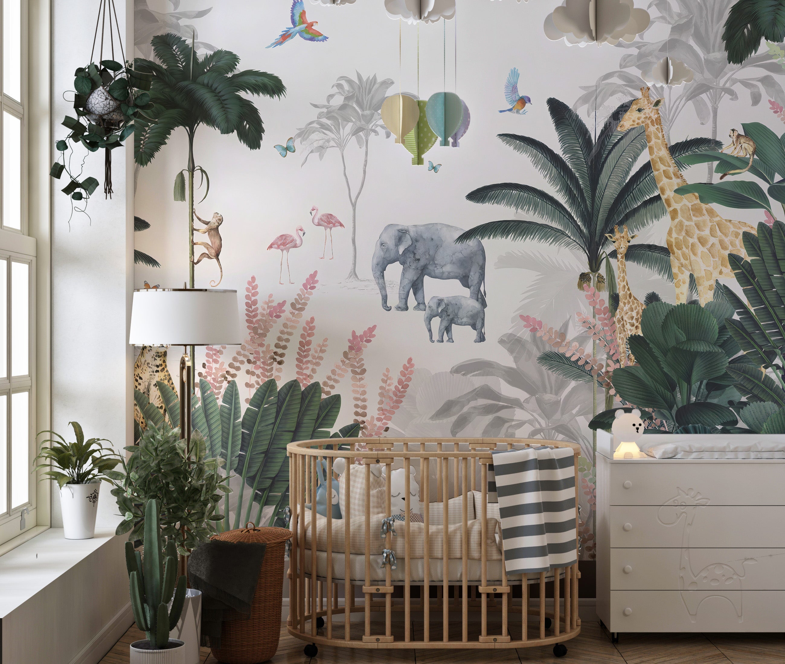 Kids' room wallpaper with tropical safari adventure design.
