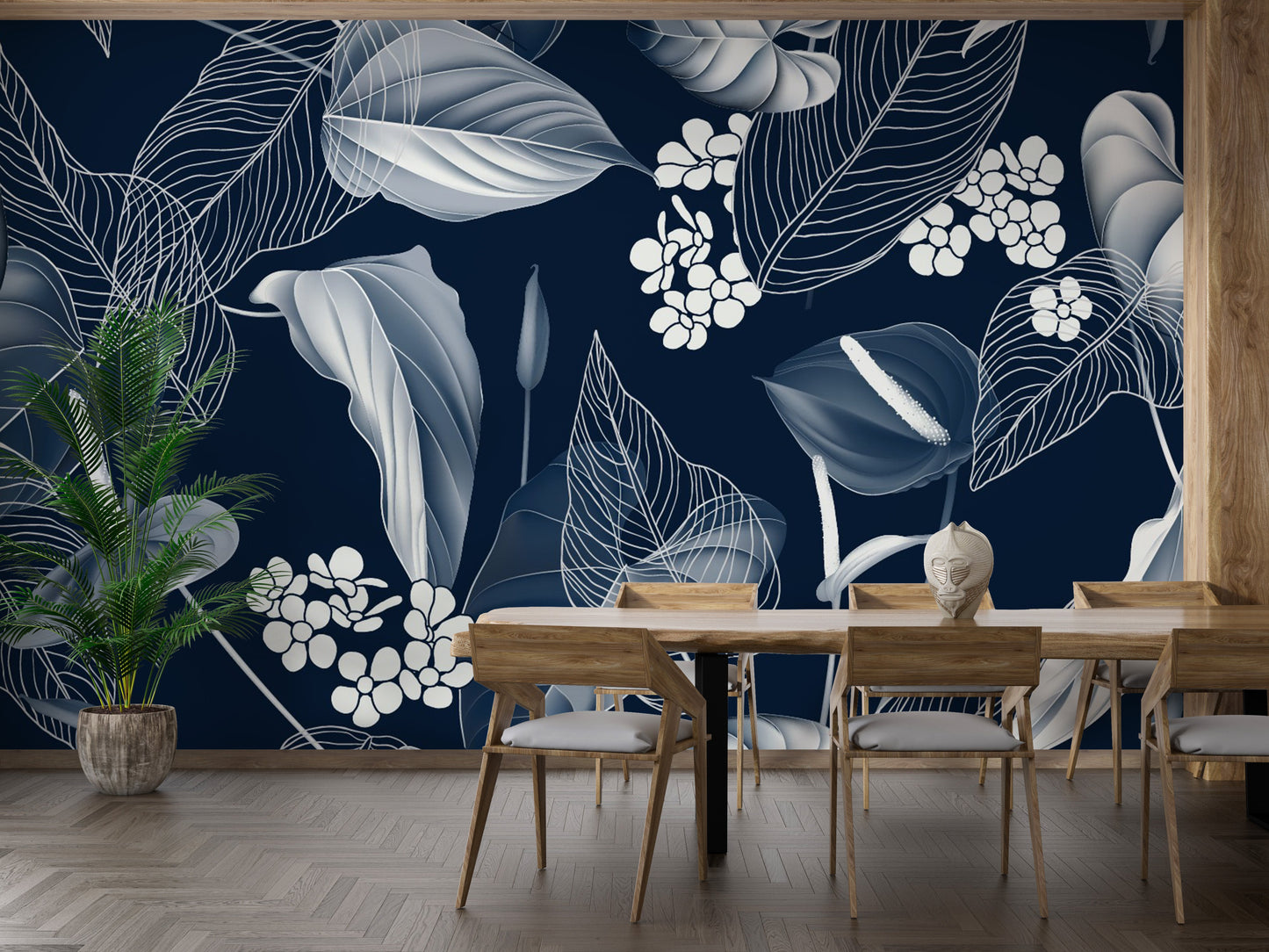 Dark Blue Anthurium & Blue Leaves Wallpaper - Giffywalls