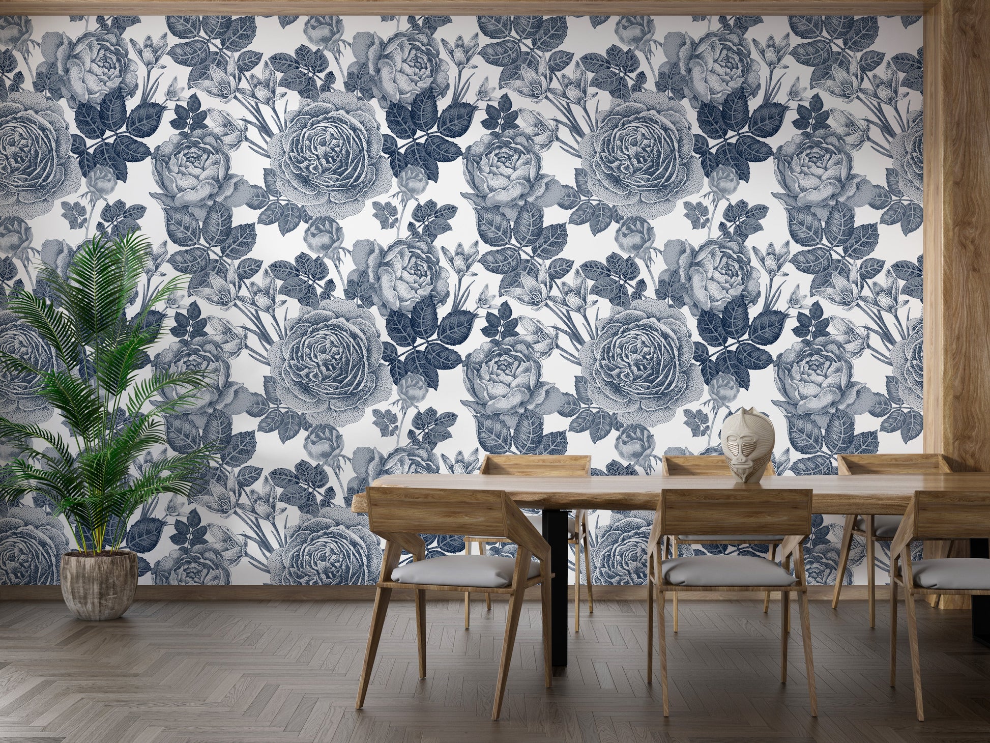 Detailed blue roses and leaves wallpaper
