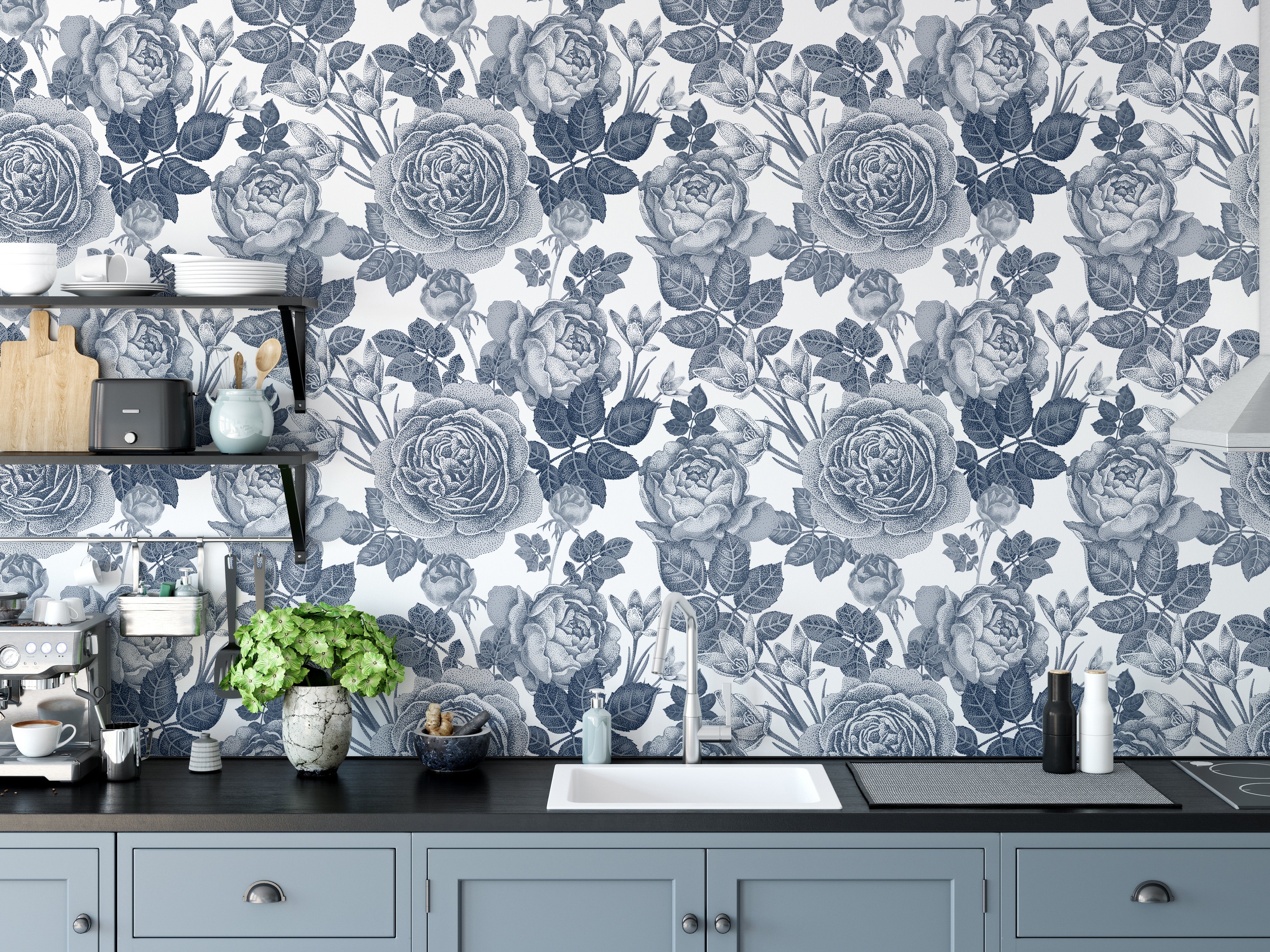 Elegant dark blue floral wall mural
