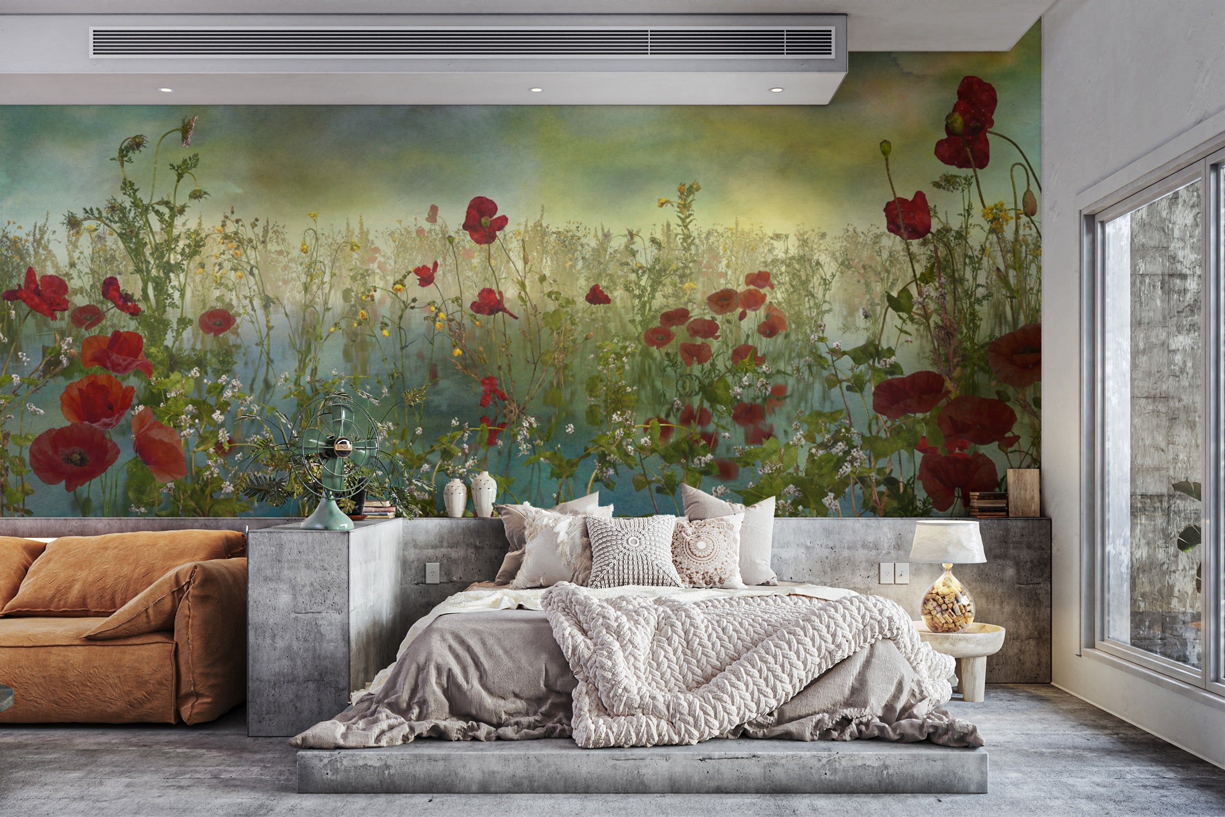 Poppy Flower Watercolor Green Wallpaper Murals - Giffywalls