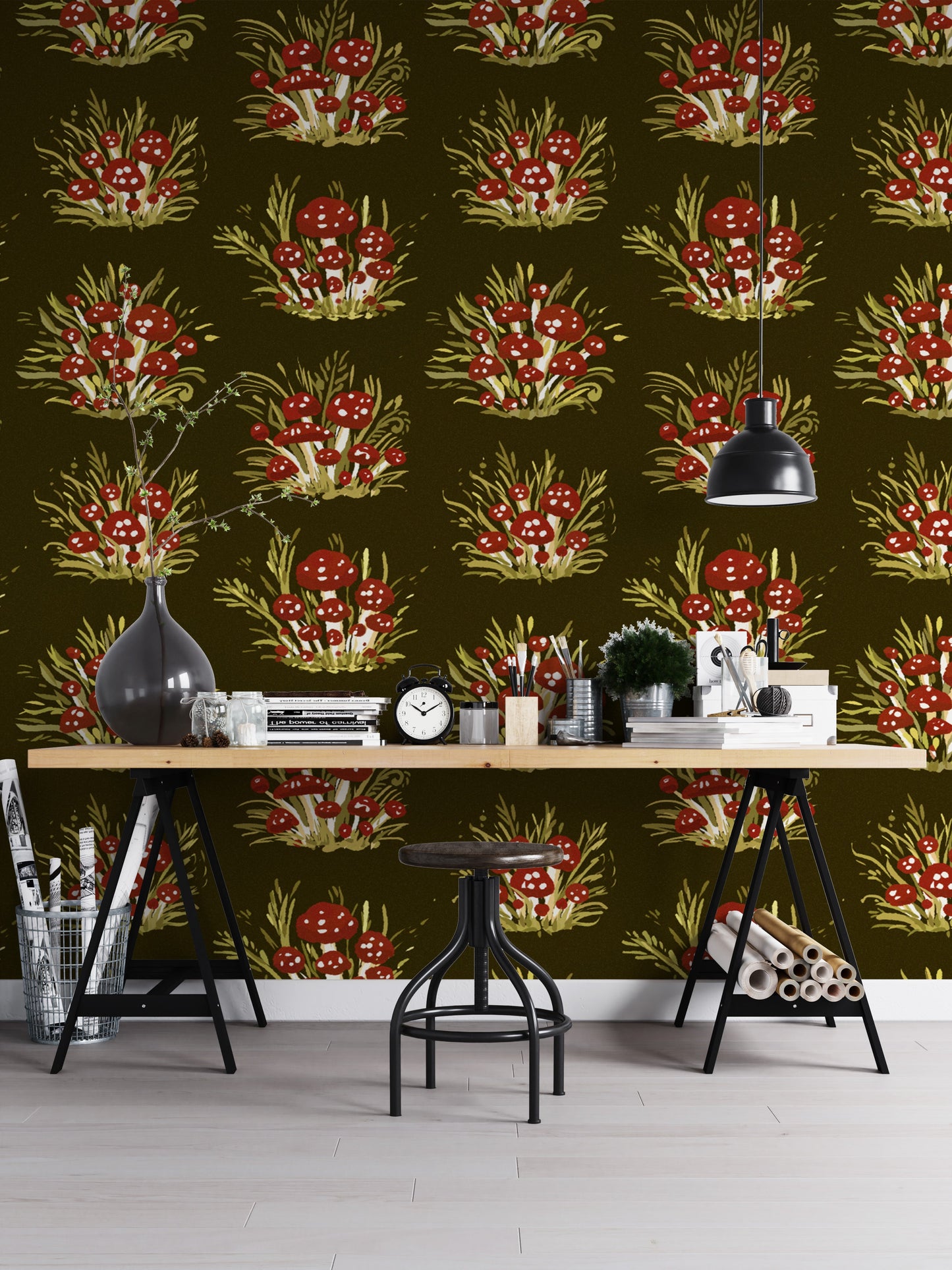 Vibrant dark mushroom millefleurs wallpaper for a dramatic ambiance.
