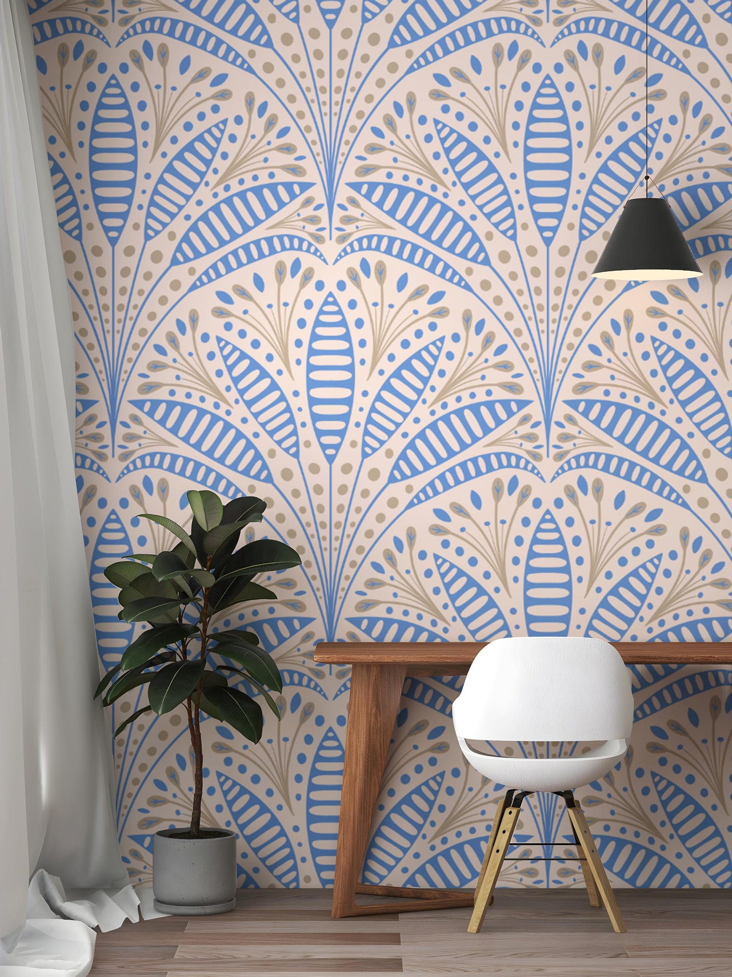 Artistic Art Deco wallpaper featuring vibrant blue palm motifs.
