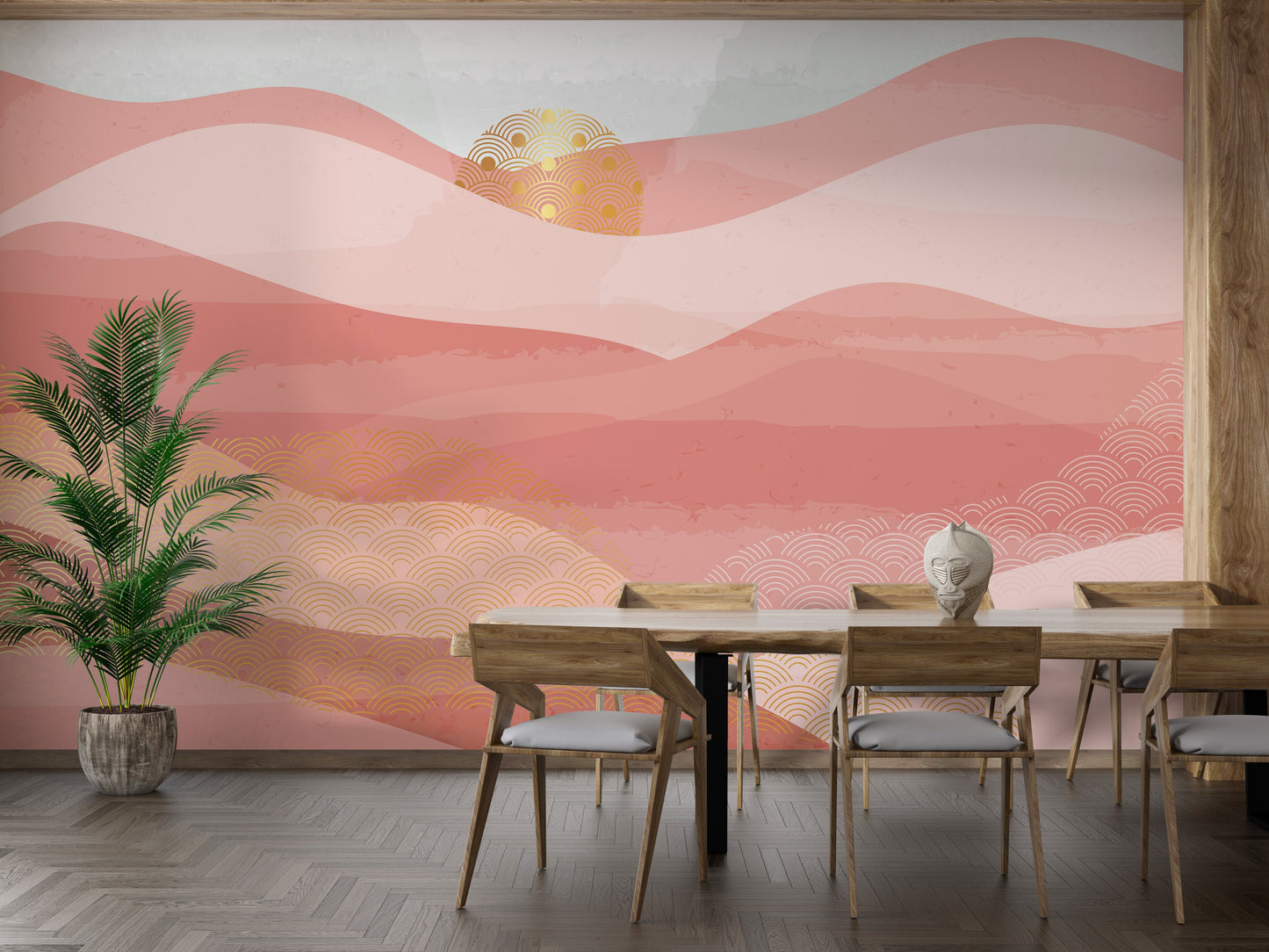 Whimsical mountain mural in pink tones
