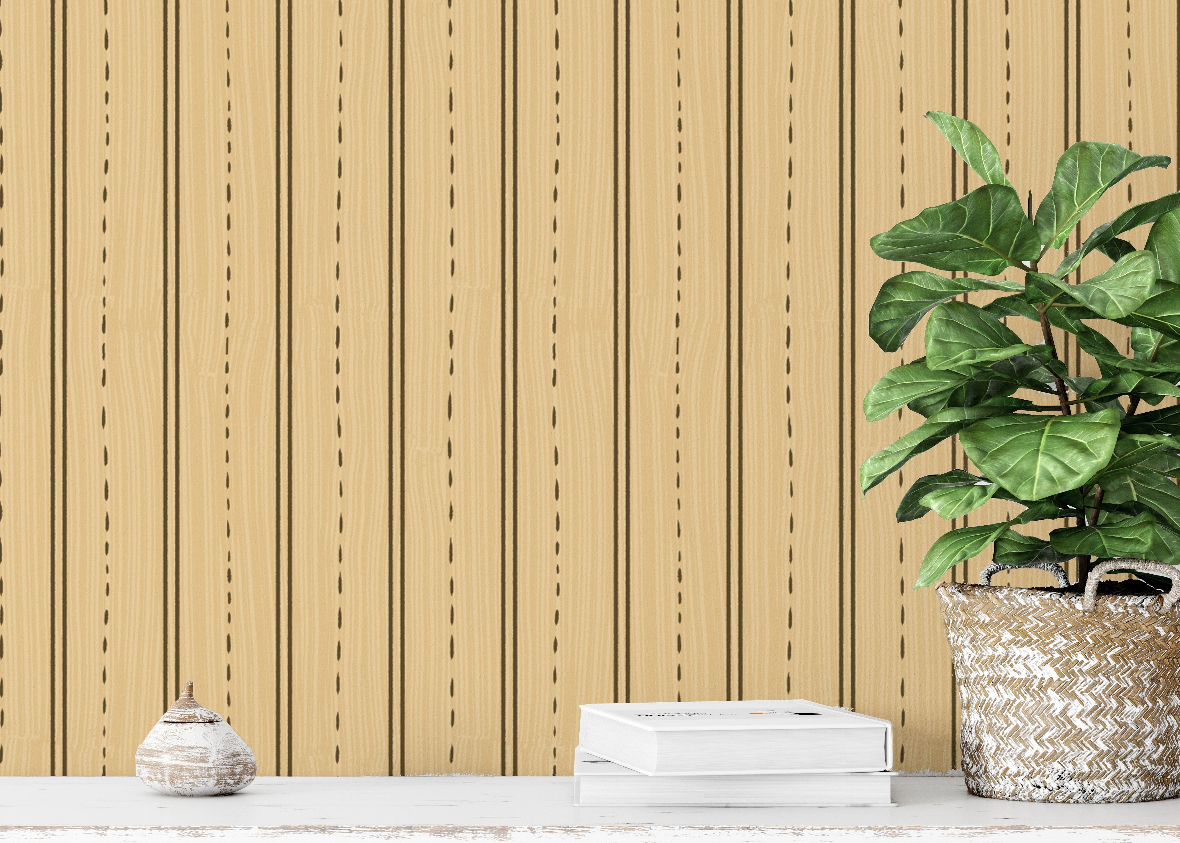 Stylish vertical wooden stripes wallpaper for minimalist spaces.