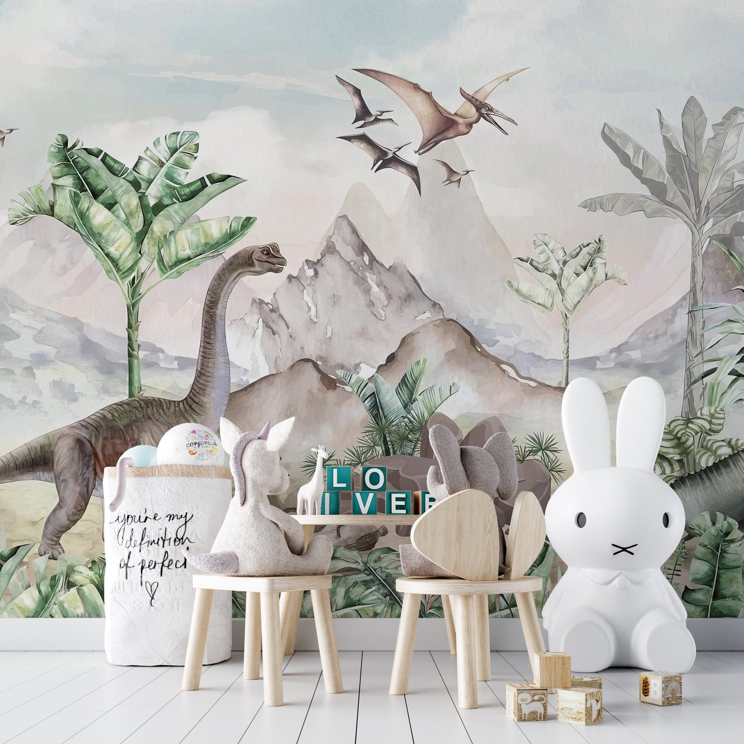 Lush Cretaceous scenery mural perfect for kids' rooms.