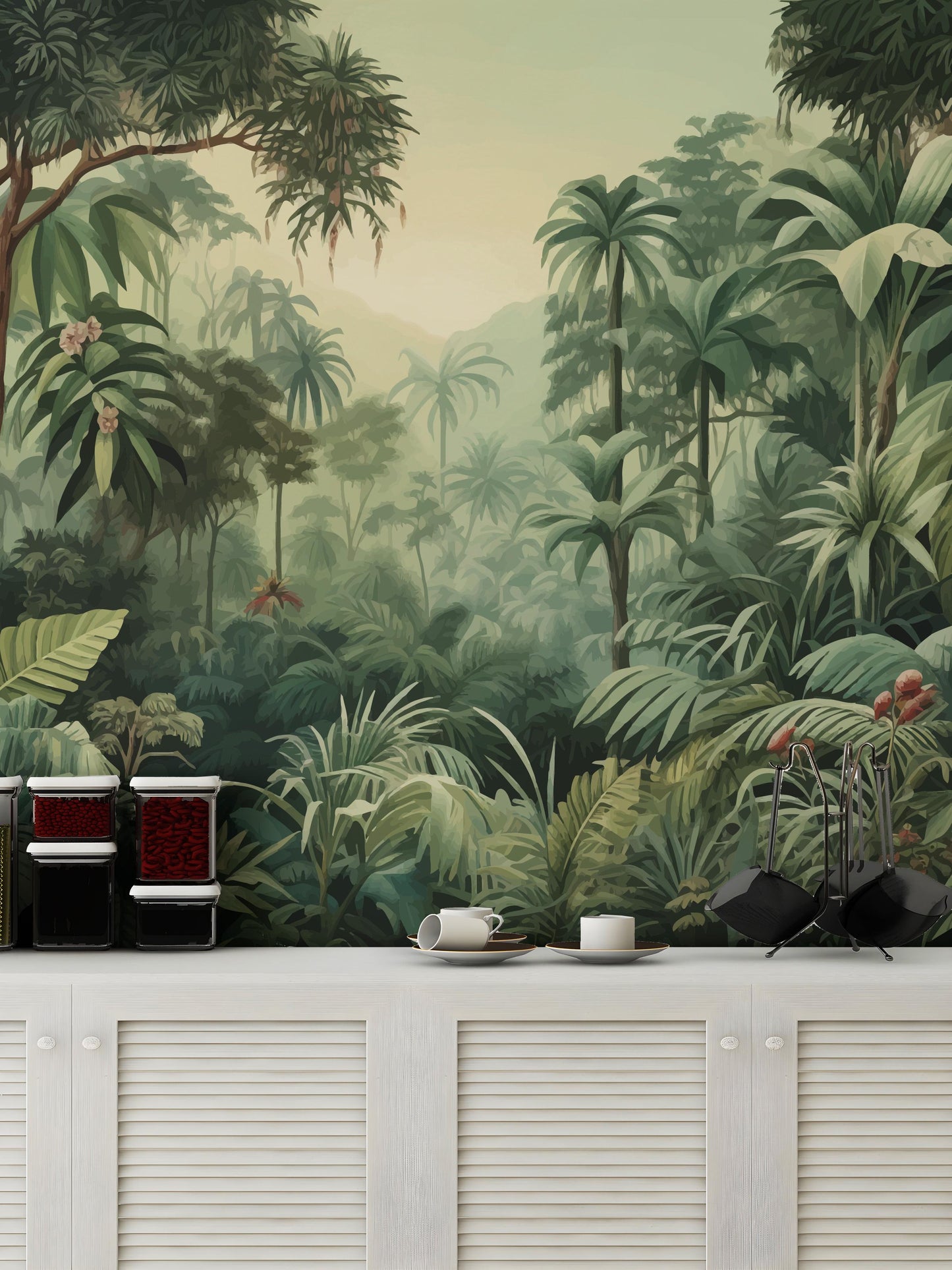 Vibrant tropical forest wallpaper mural with misty allure