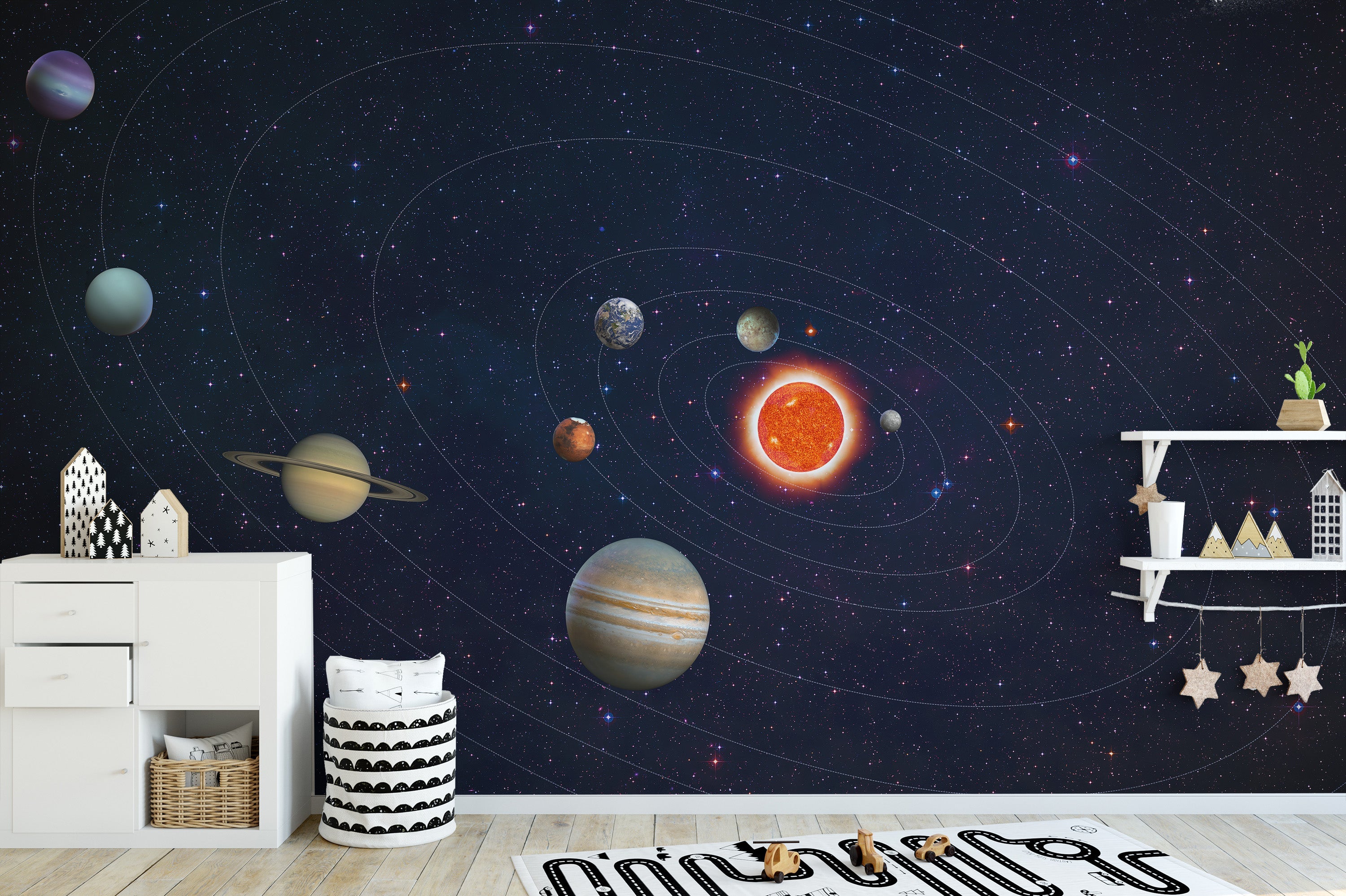 Colorful planets and stars wall mural