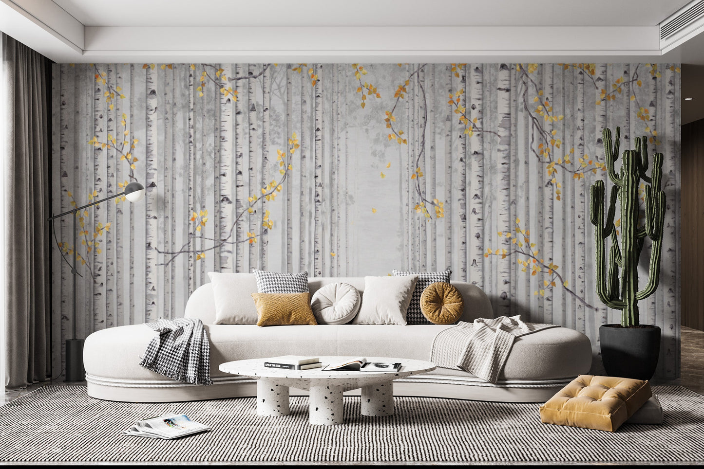 Stylish yellow and gray birch tree wall mural design