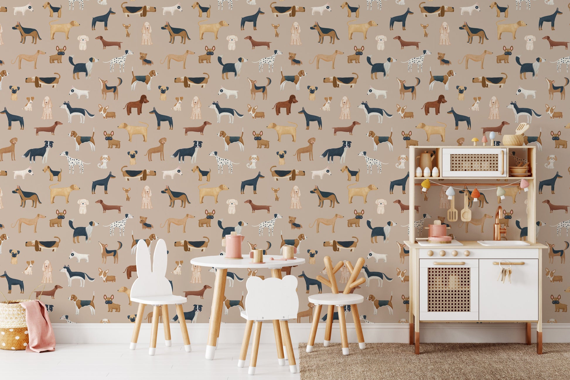 Brown dog print wallpaper for kids’ rooms
