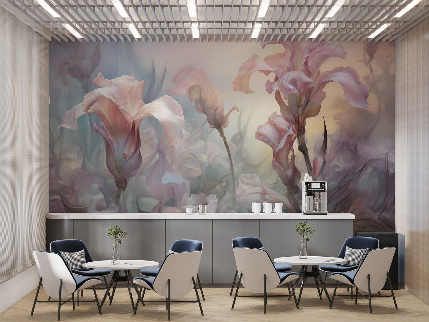 Beautiful iris pale pastel floral wallpaper mural for a serene atmosphere.