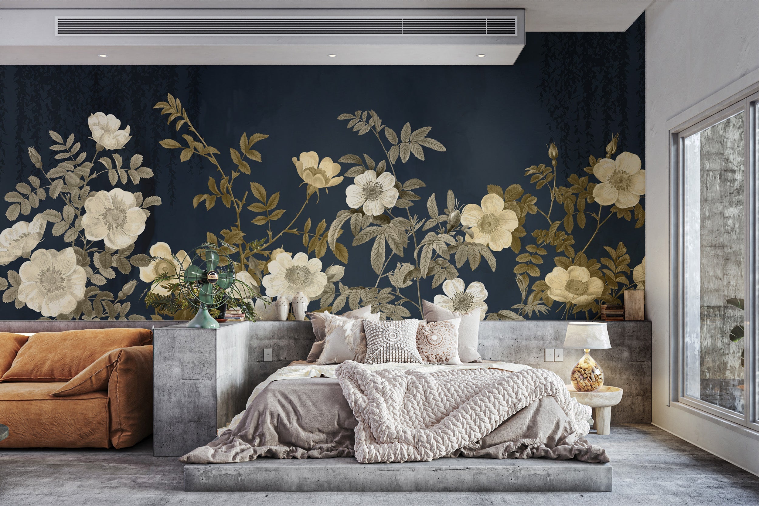 Bold midnight gold flora mural for statement-making decor.
