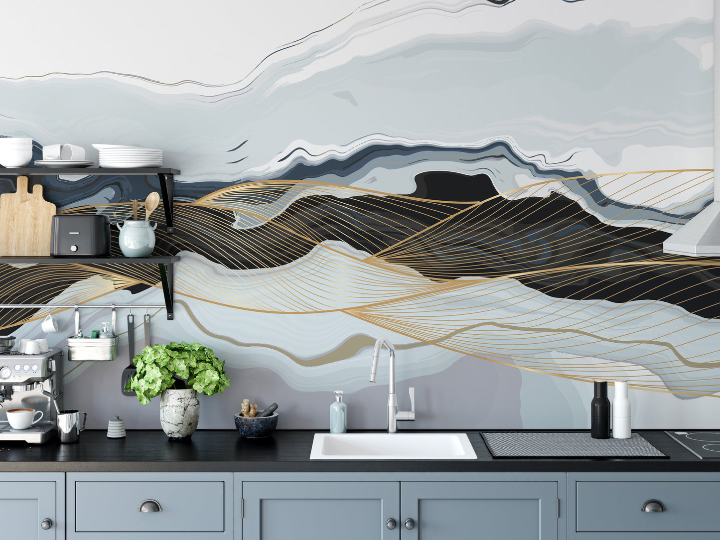 Blue & Gold Wavy Marble Wallpaper Murals - Giffywalls