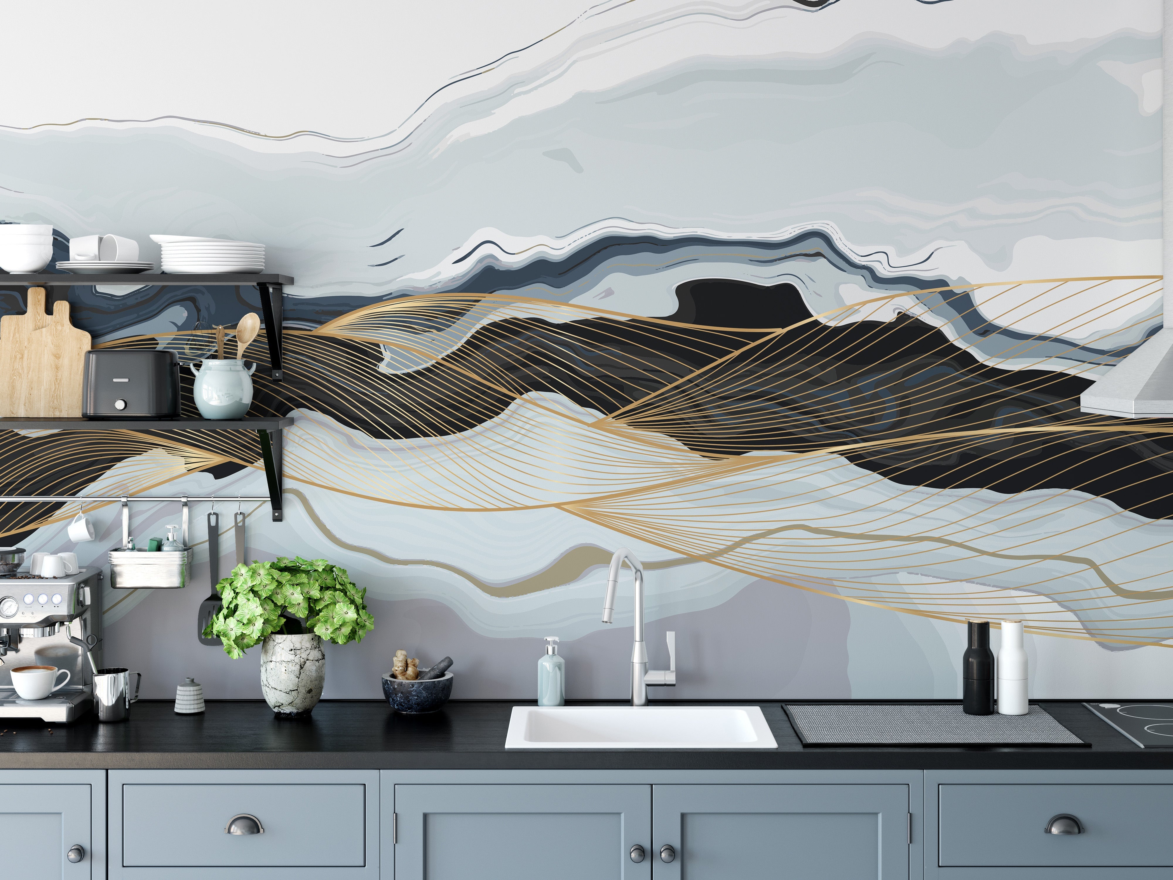 Blue & Gold Wavy Marble Wallpaper Murals - Giffywalls