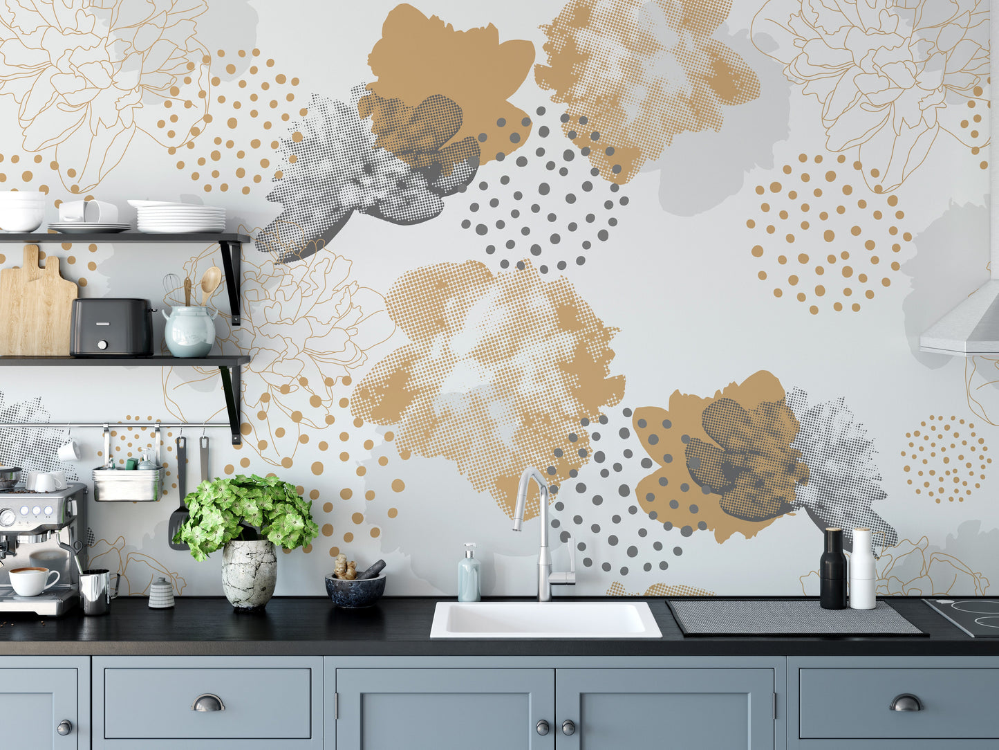 Gold Black Modern Floral Wallpaper Murals - Giffywalls