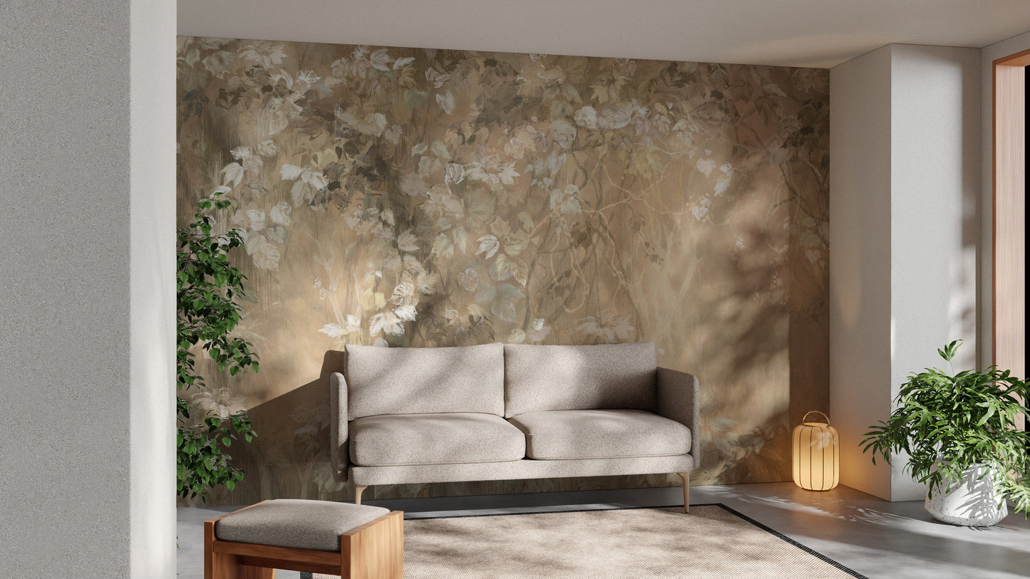 Artistic light brown mural with mystic branch patterns