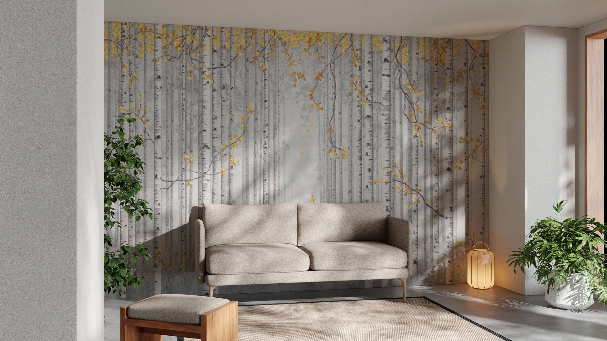 Sophisticated birch trees wallpaper with autumnal yellow leaves