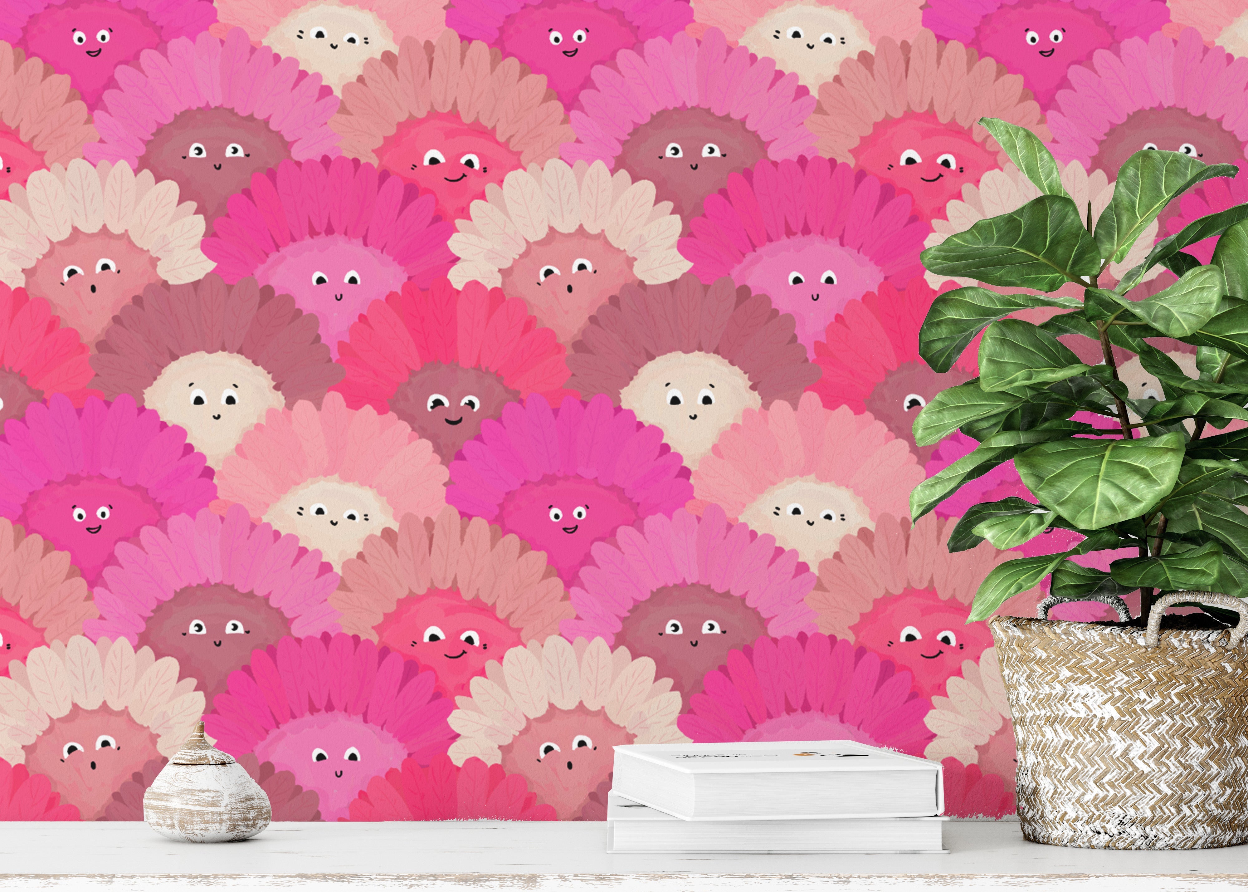 Playful flower faces wallpaper in pink for a delightful touch.
