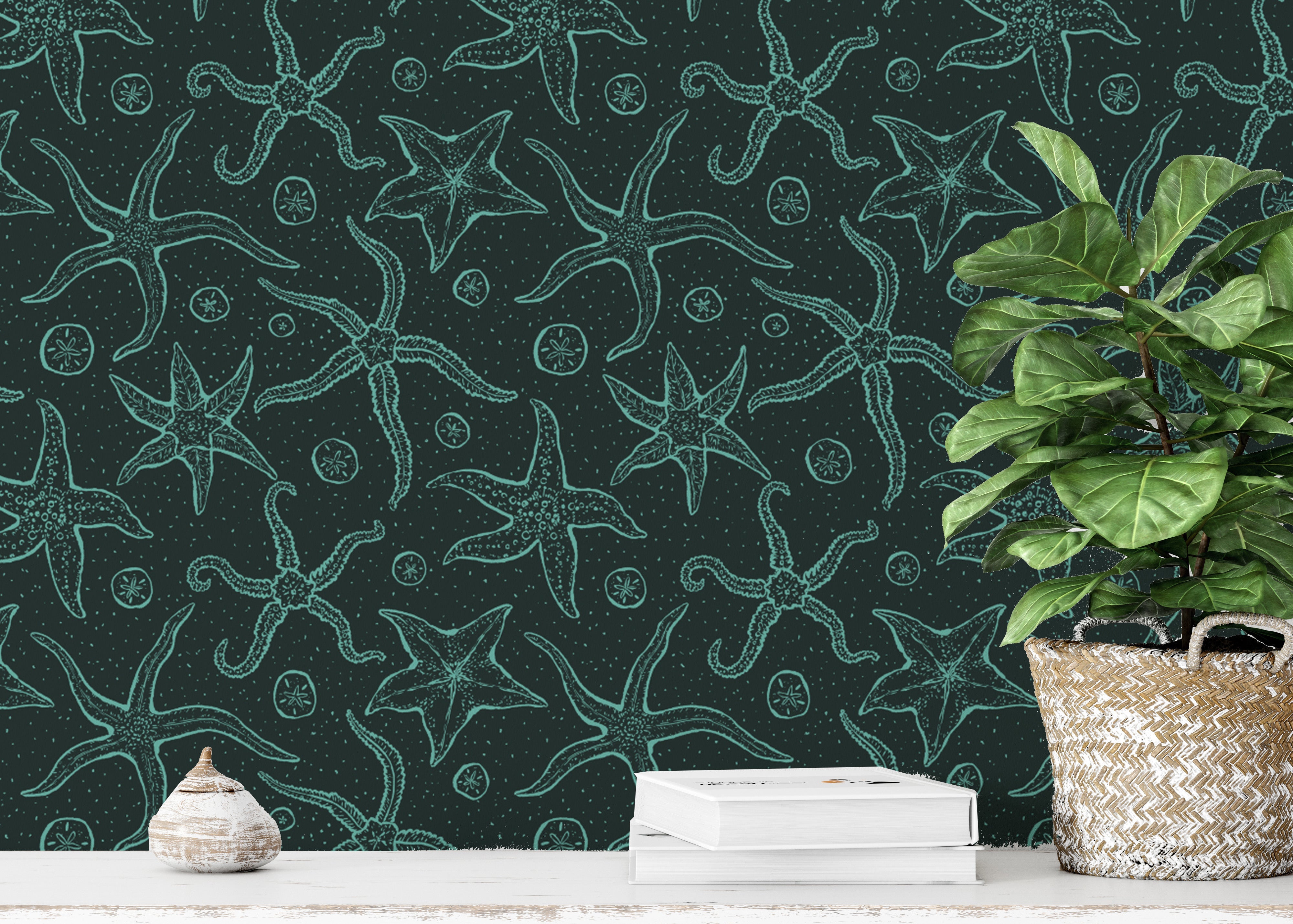 Whimsical echinoderms wallpaper for underwater-themed rooms.
