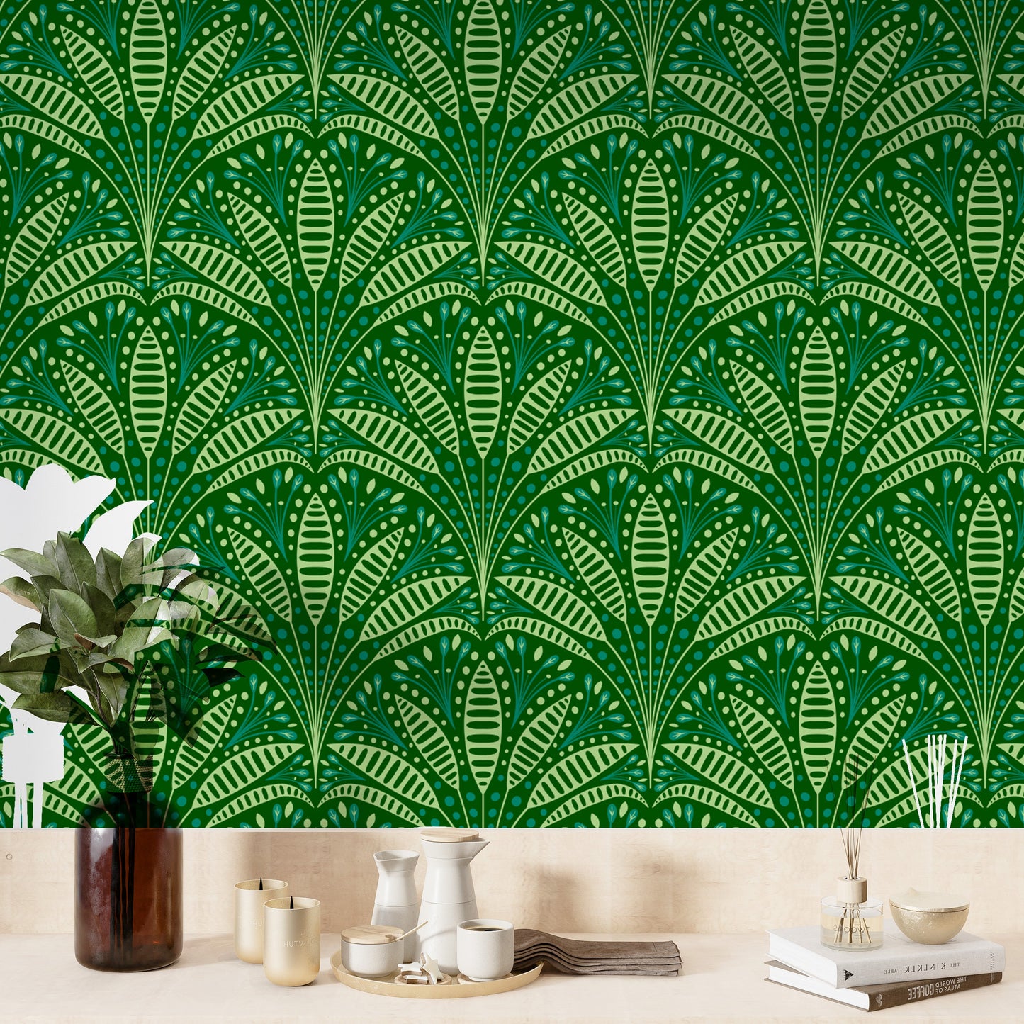 Luxurious green palm wallpaper in a classic Art Deco style.