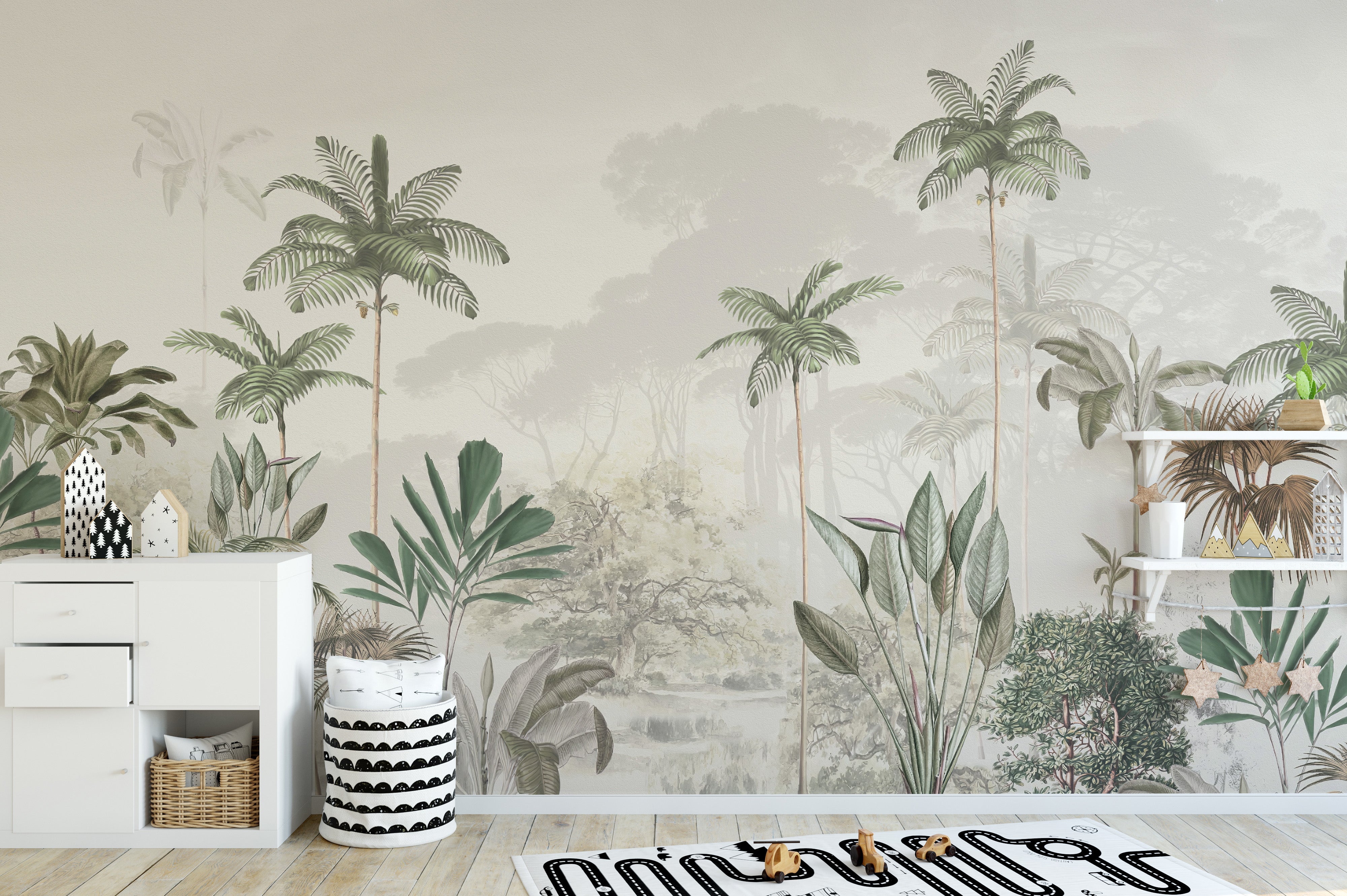 Tropical Trees White Tone Mural Wallpaper - Giffywalls