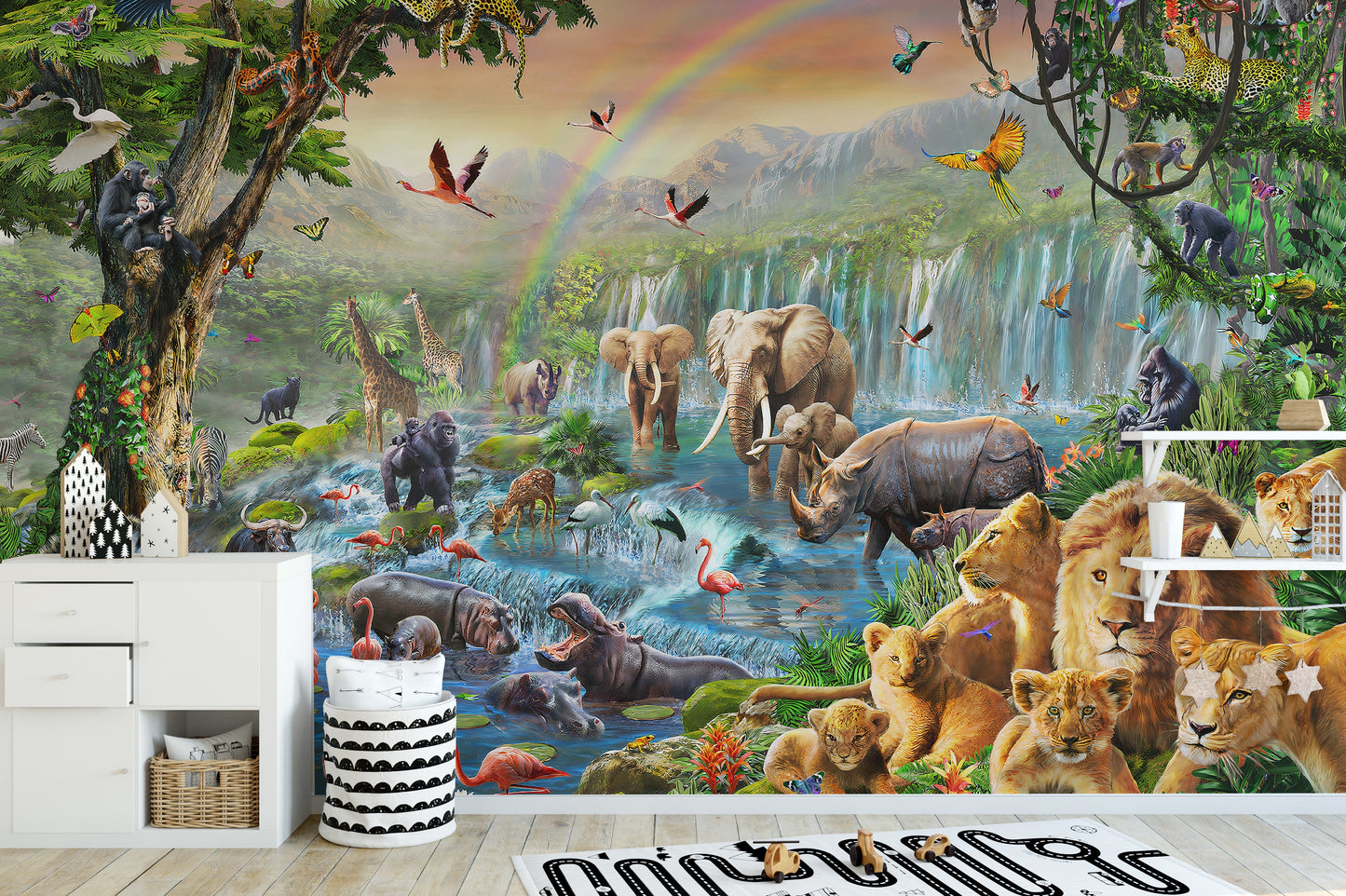 Vivid Animal Kingdom with waterfall Wallpaper Murals - Giffywalls