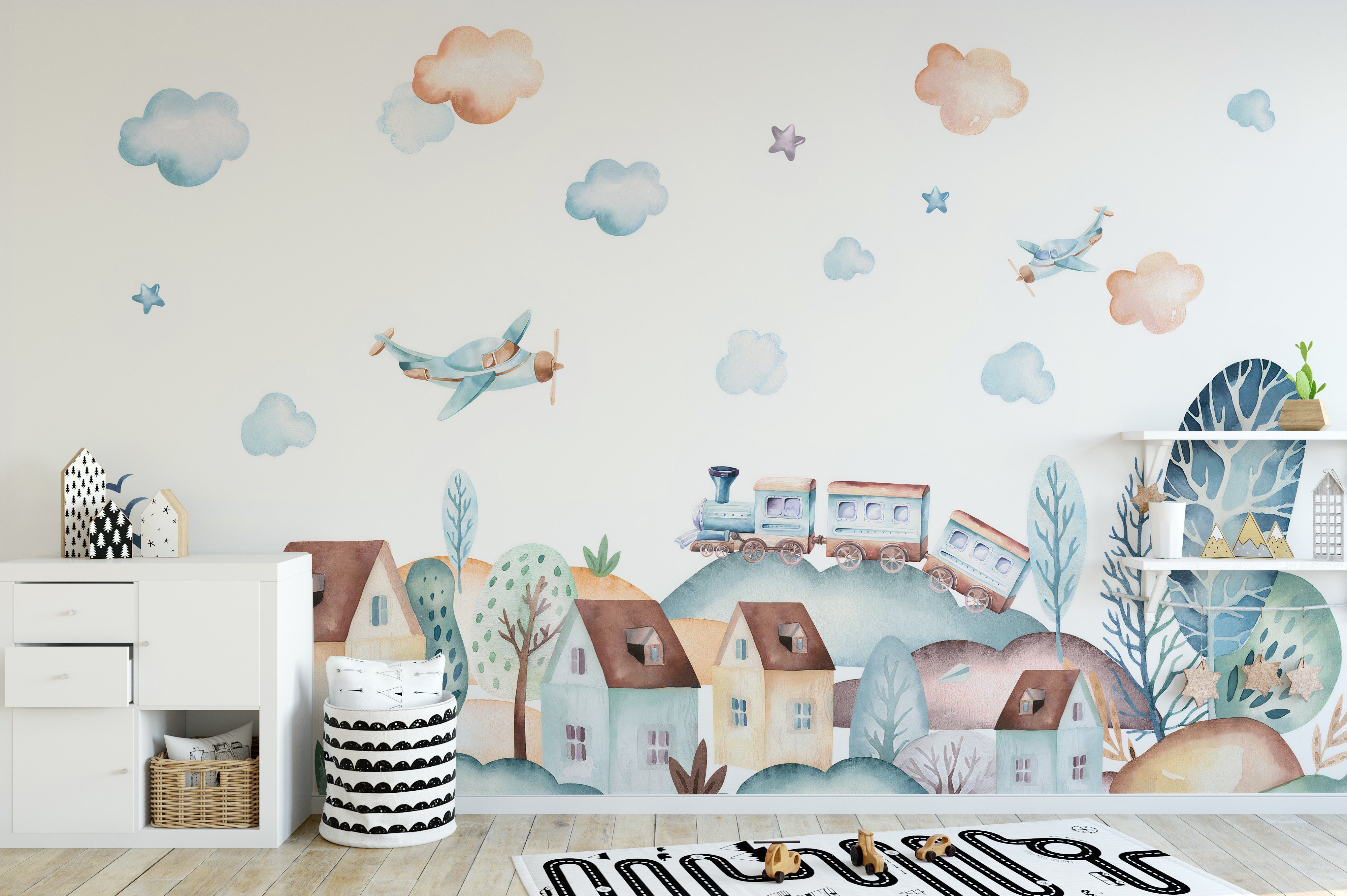 Watercolor Fun Village kids room Wallpaper Murals - Giffywalls