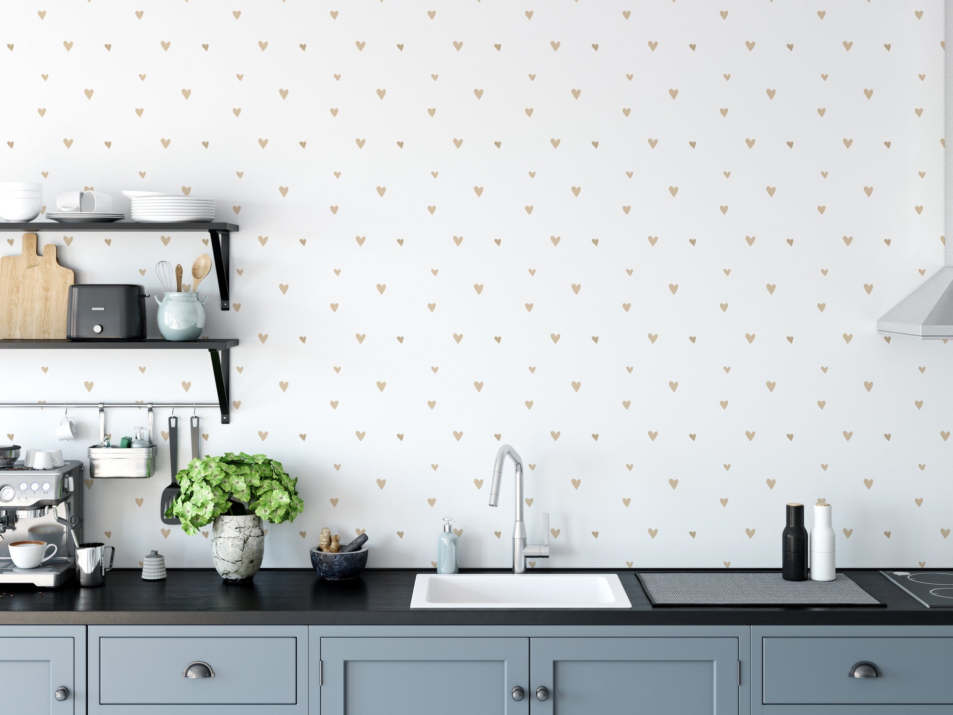 Elegant beige wallpaper with gold hearts