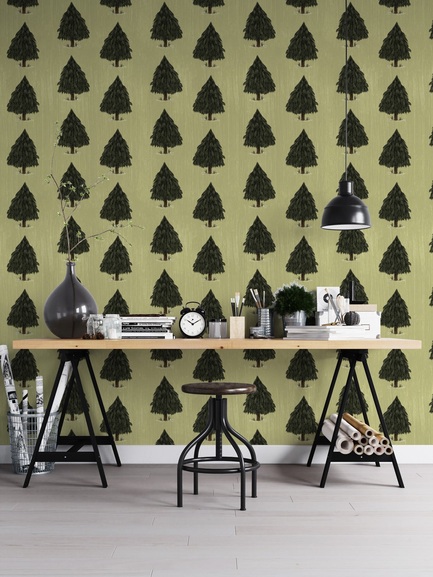 Sophisticated green pine trees mural for cozy and earthy walls.
