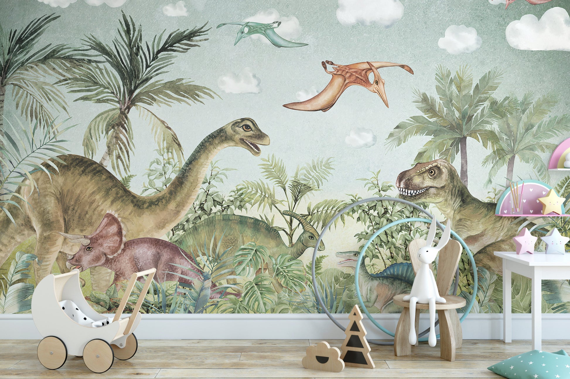 Majestic Jurassic wallpaper mural with dinosaurs
