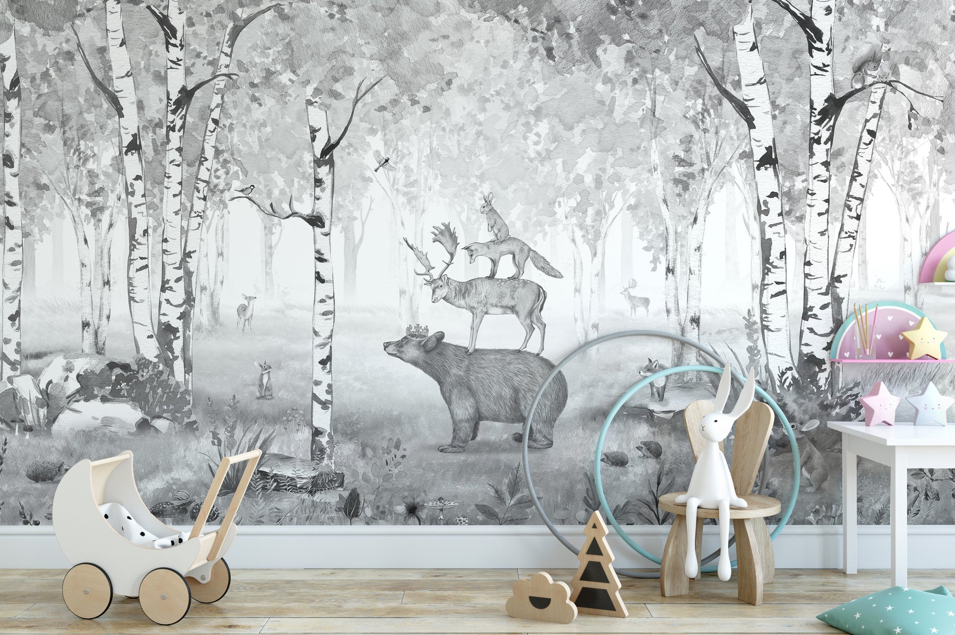 Forest-themed wallpaper featuring wildlife in grayscale