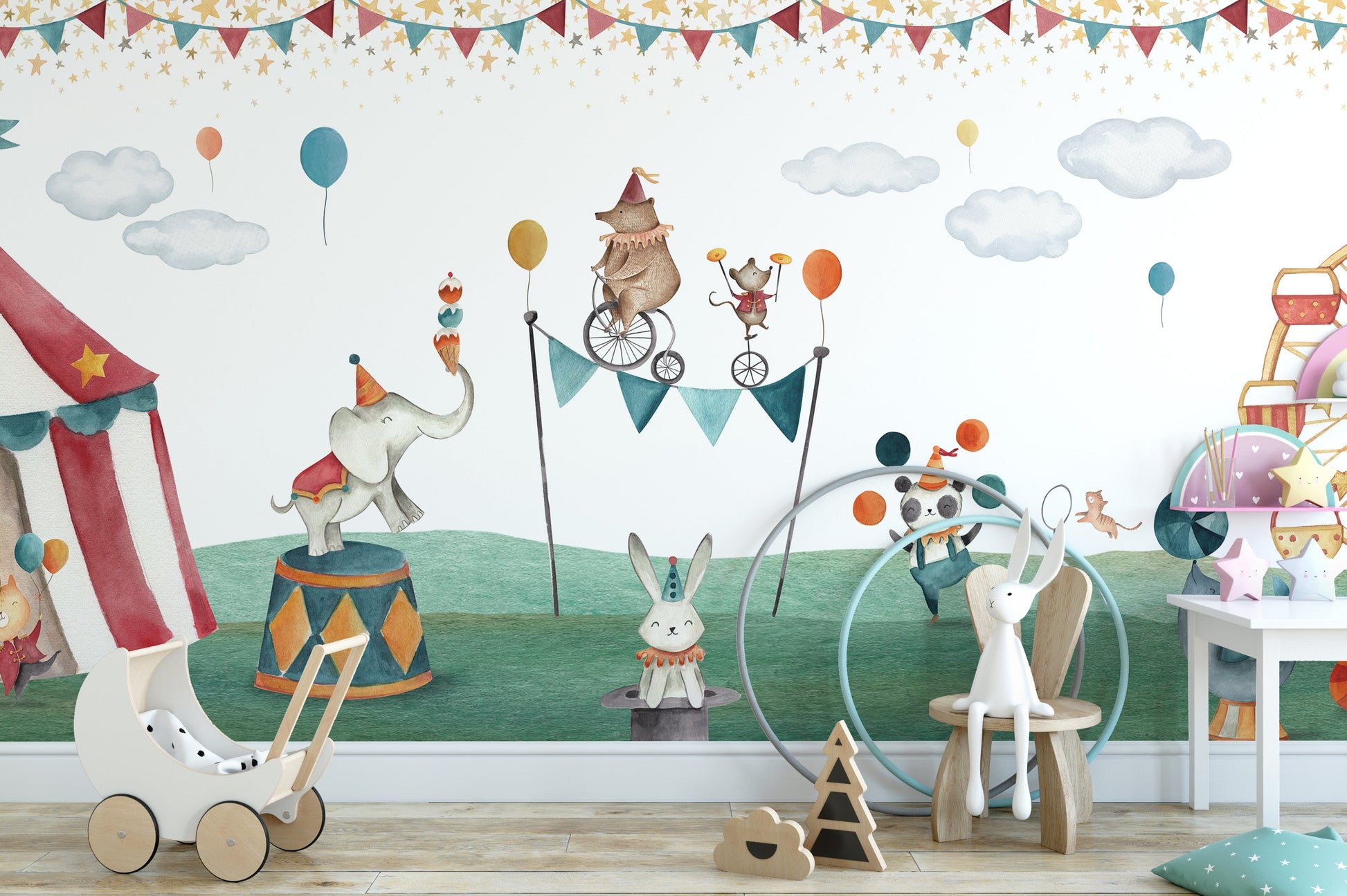 Watercolour circus wallpaper featuring bear and animals