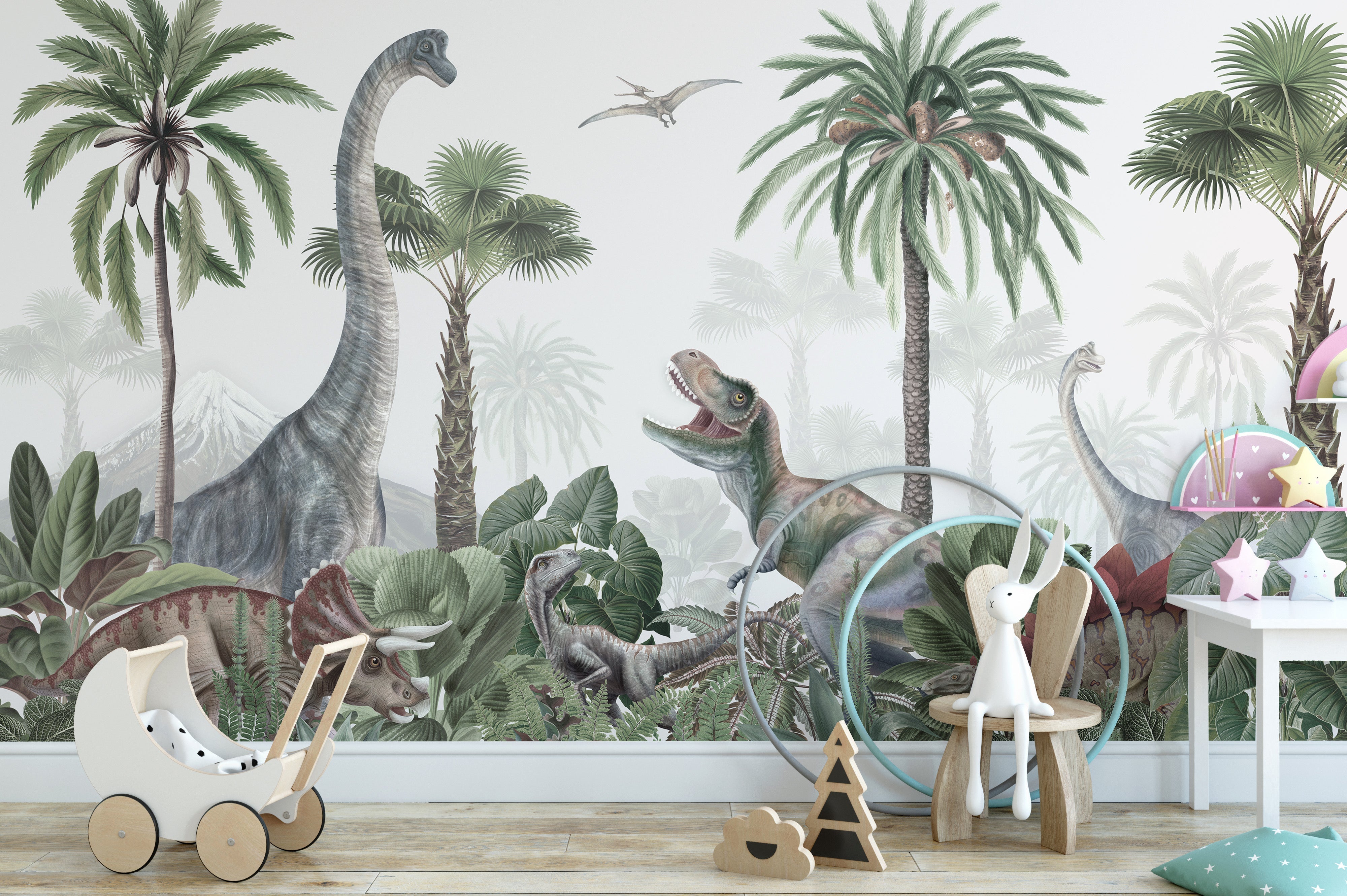 Watercolor dinosaur-themed wallpaper with lush greenery