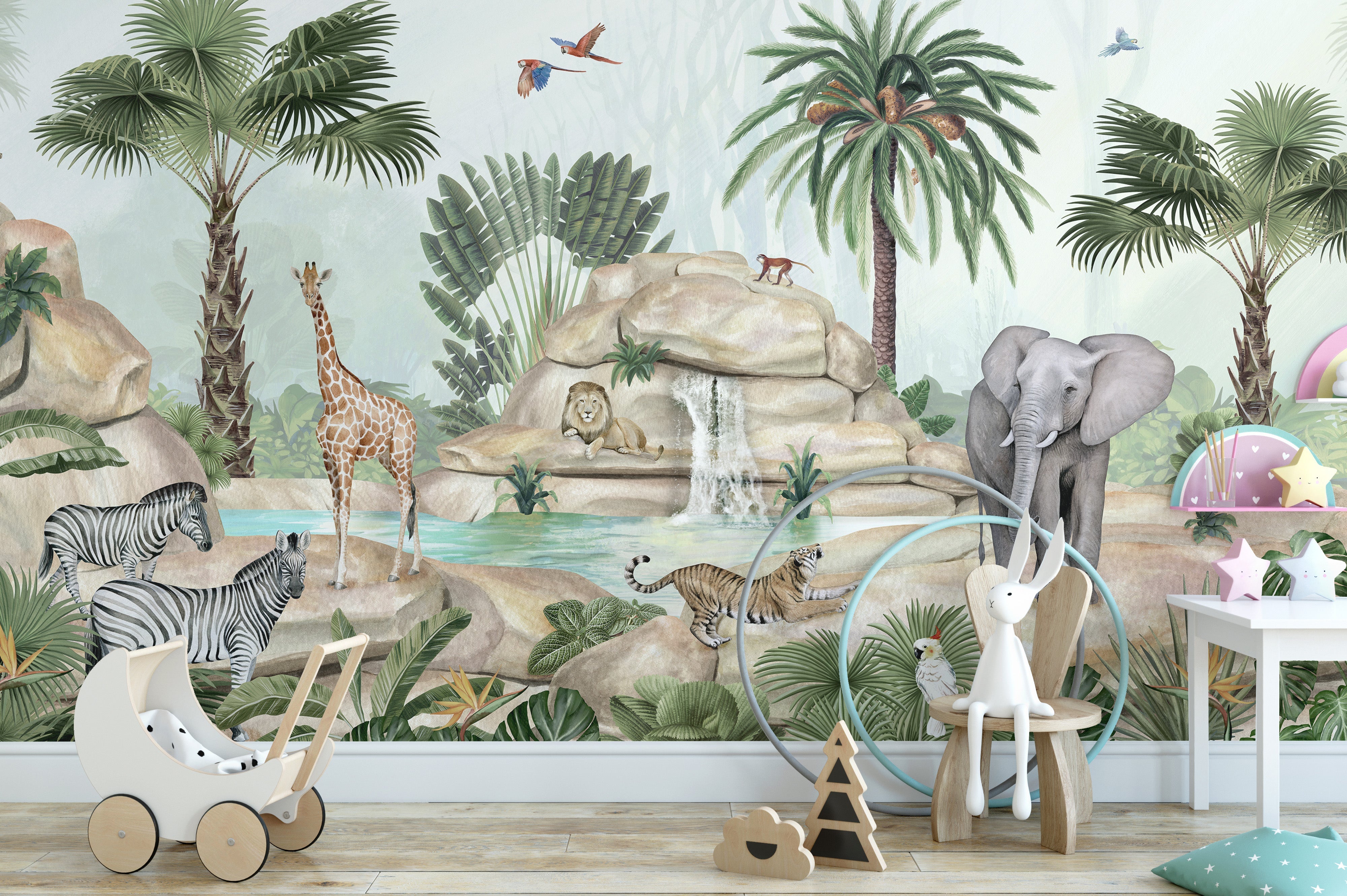 Watercolor Animals near water Pond Wallpaper - Giffywalls