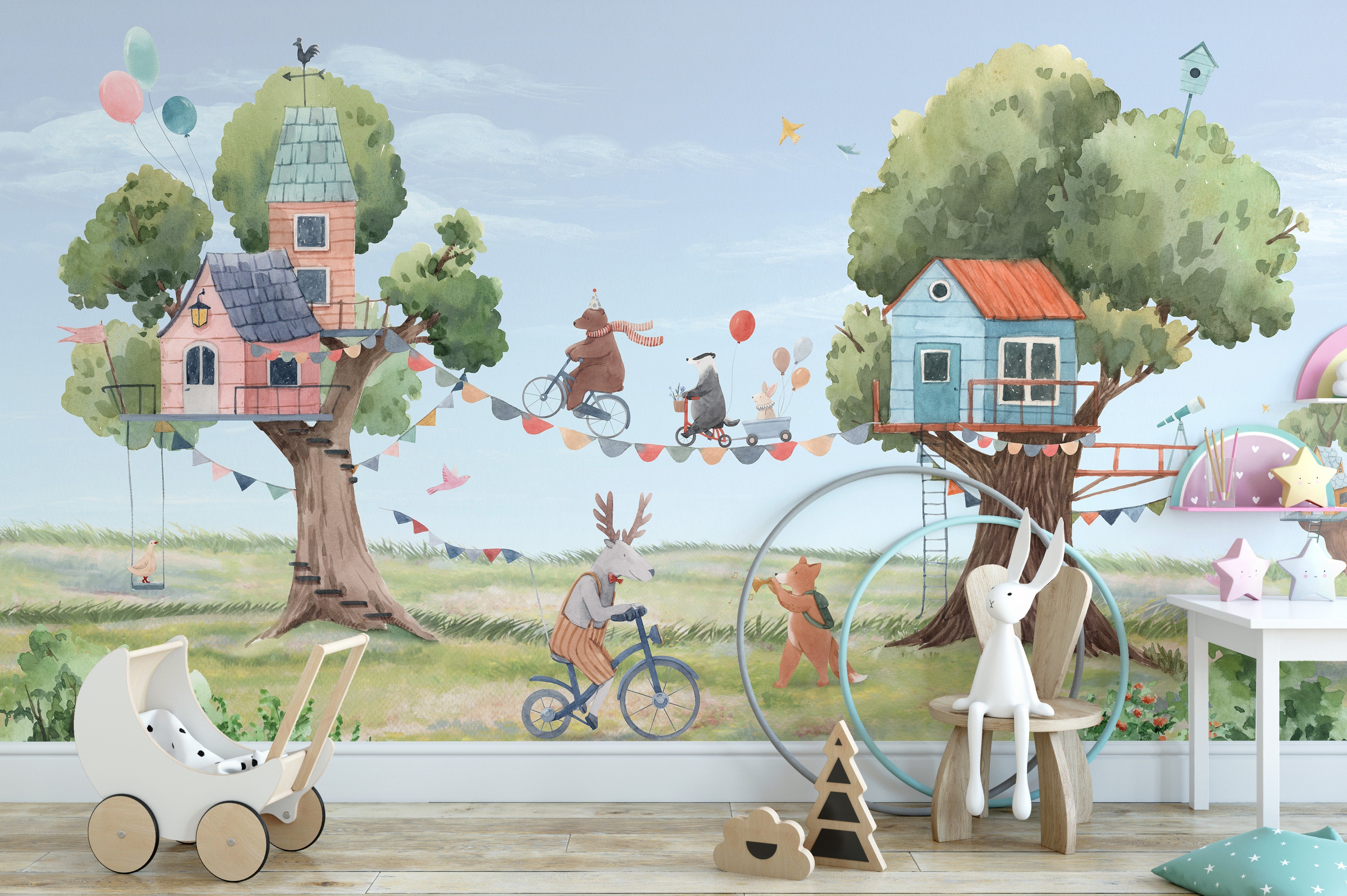 Treehouse wallpaper with animals, balloons, and banners