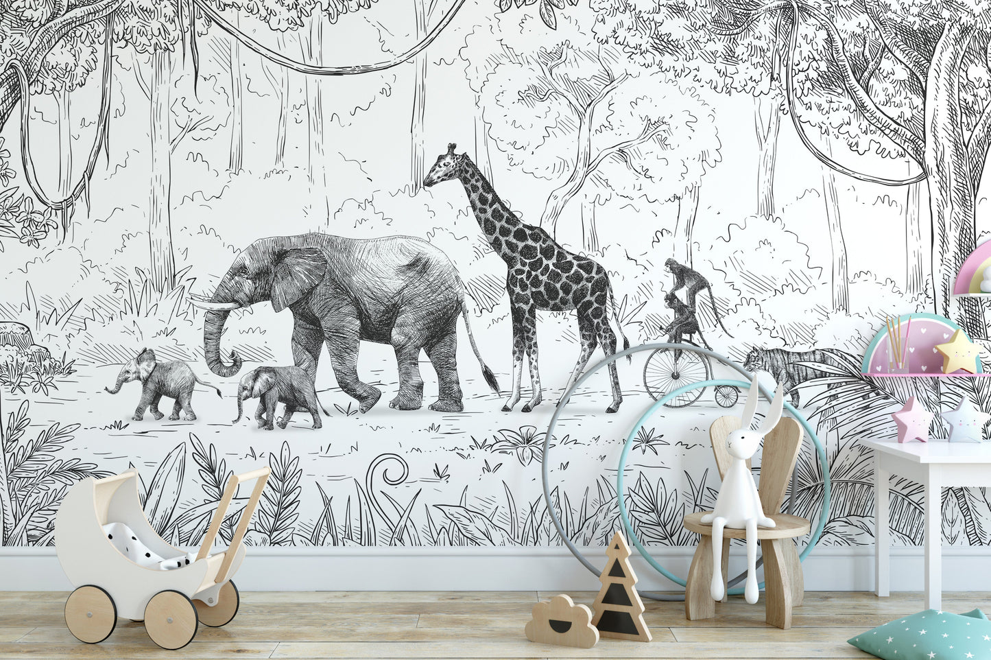 Elephants and giraffe Animal Parade mural wallpaper design