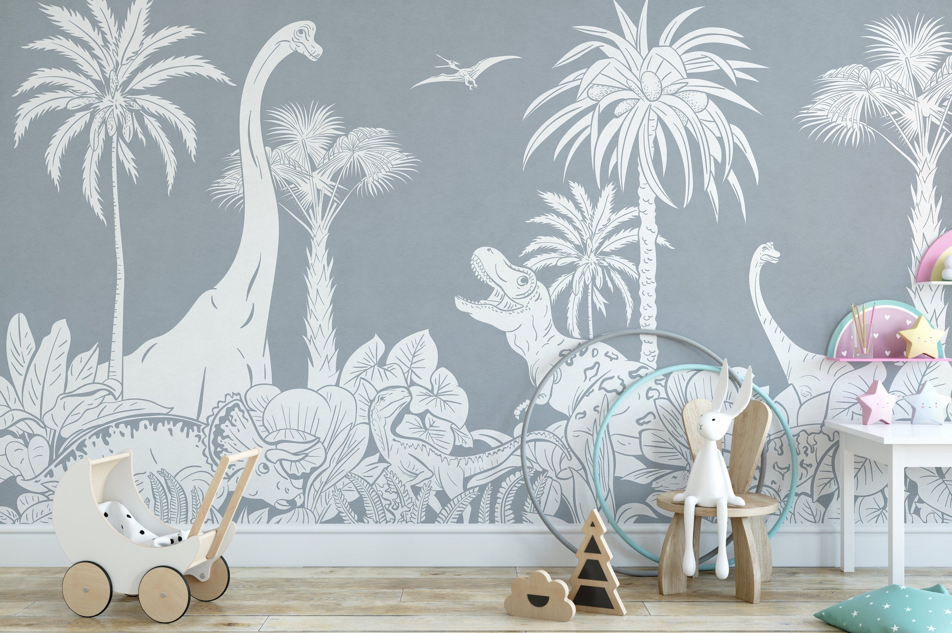 Dinosaur-themed Monochrome Dino Blue mural wallpaper