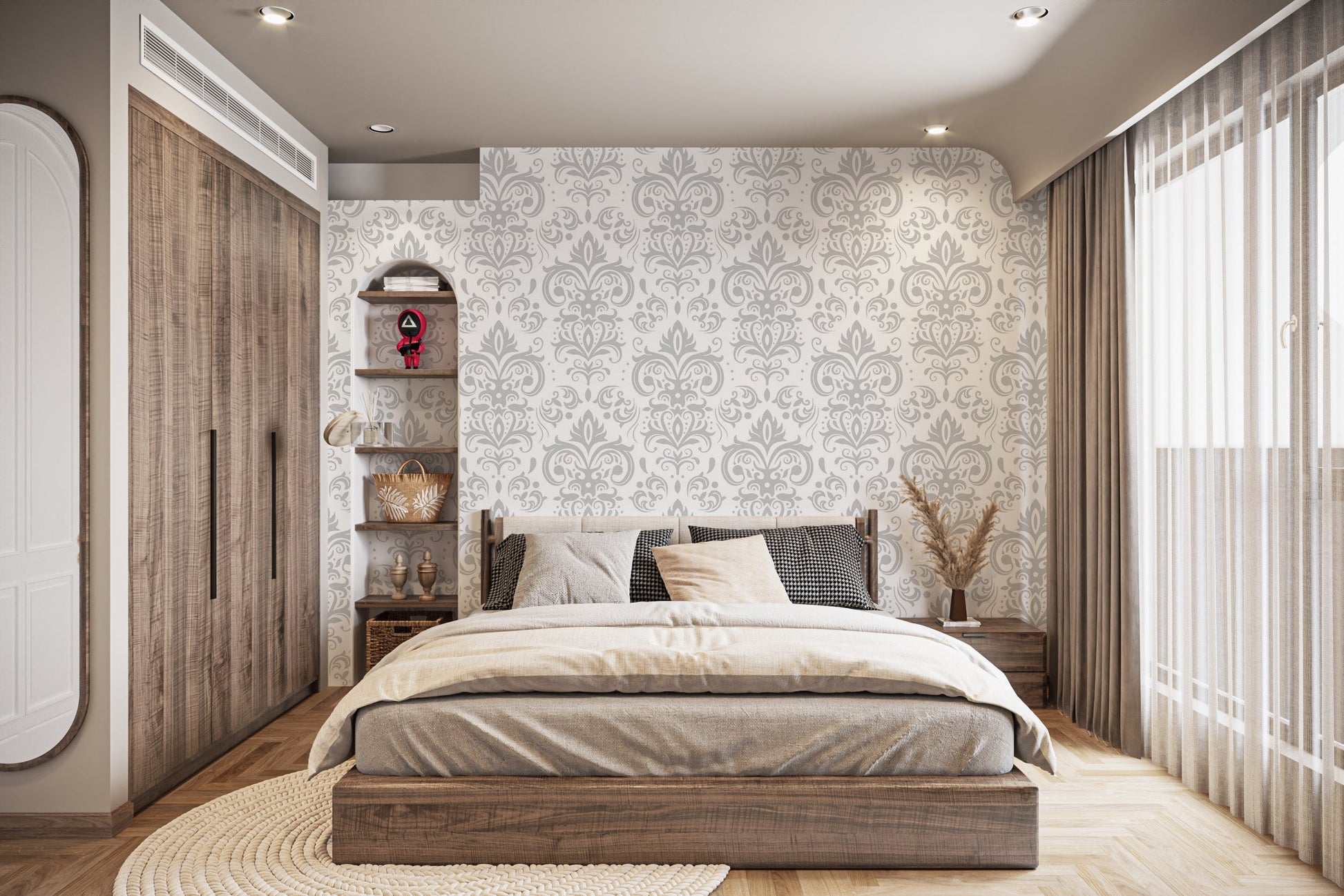 Easy Apply Silver Damask Pattern Wallpaper