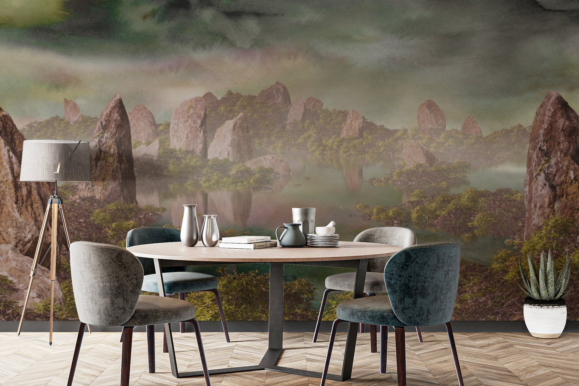 Dramatic Chinese Landscape Green Wallpaper Murals - Giffywalls