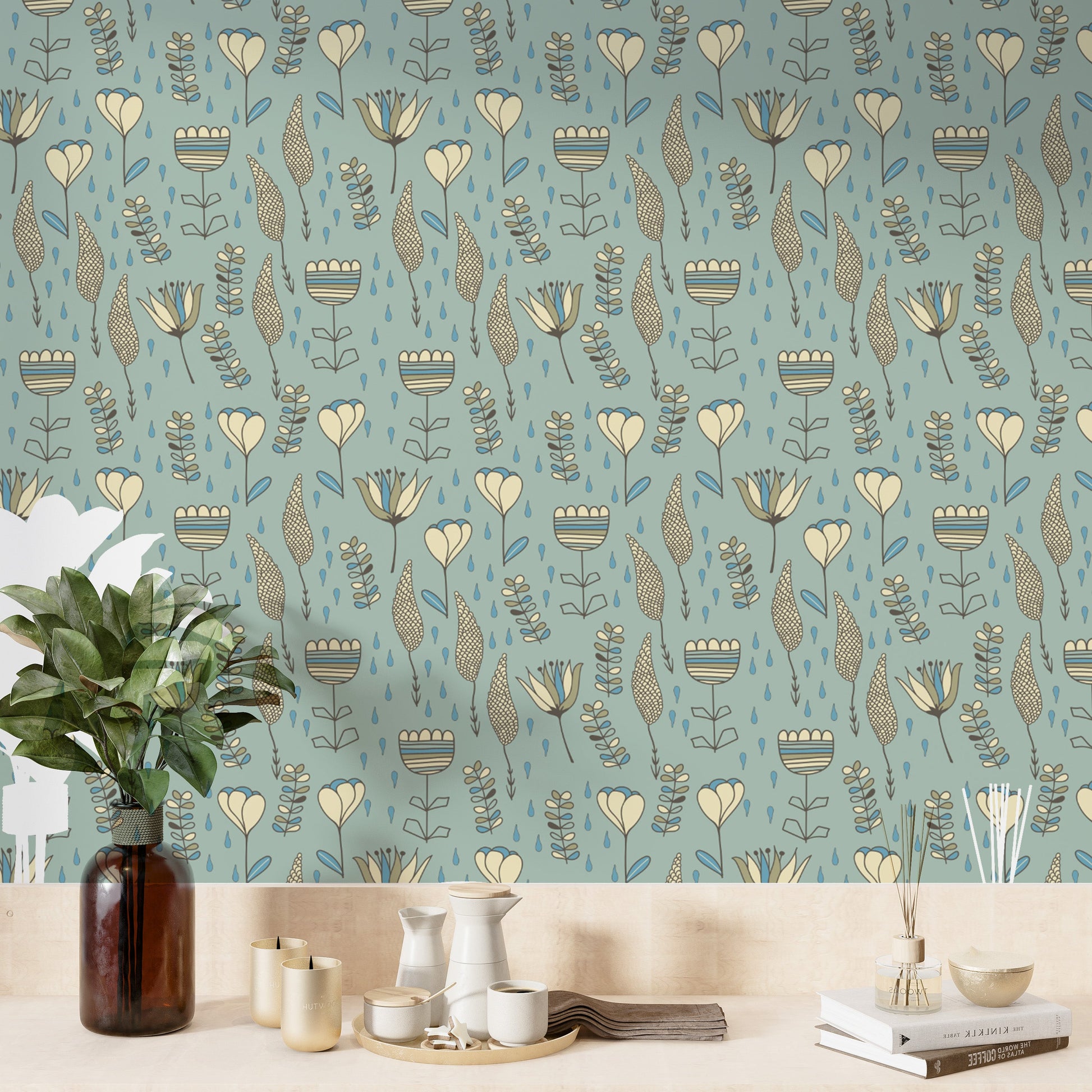 Decorative wallpaper with whimsical naive bloom details.
