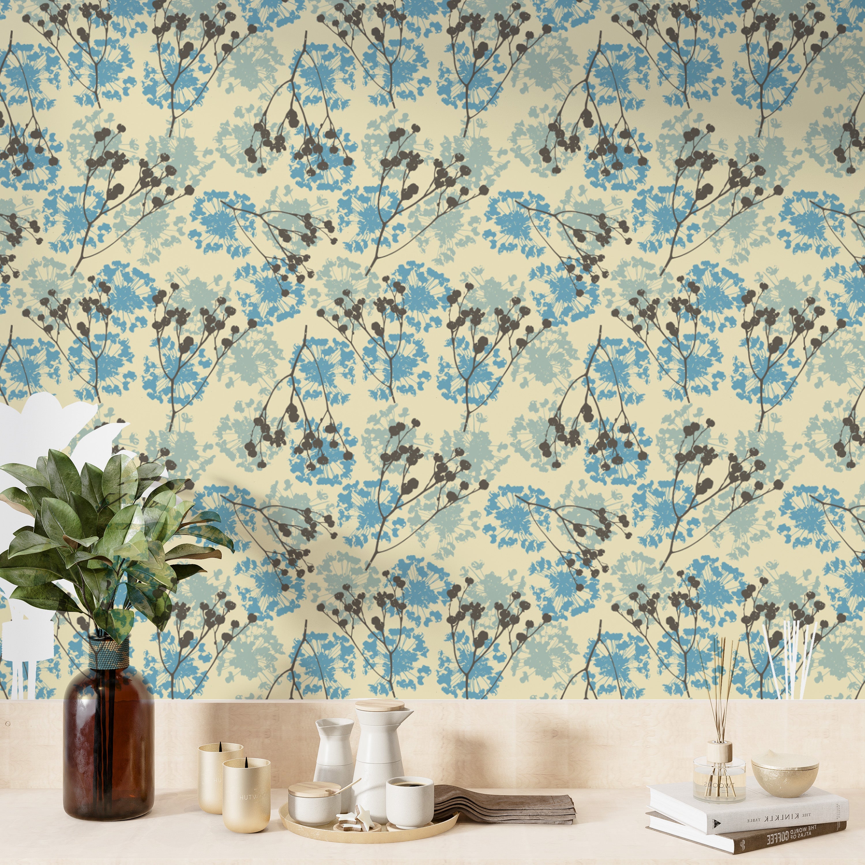 Minimalist delicate floral mural for tranquil and modern walls.
