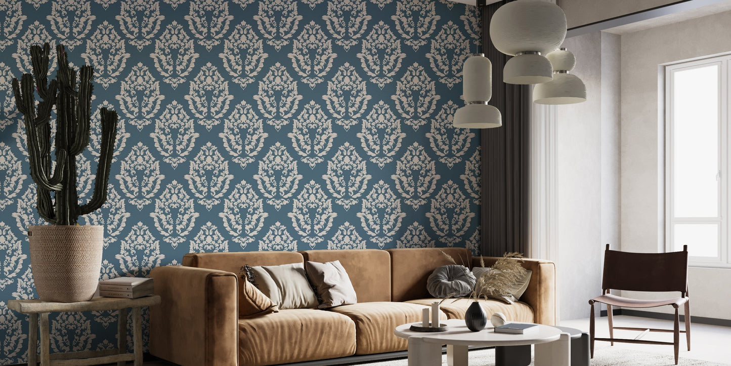 Intricate damask pattern wallpaper in blue
