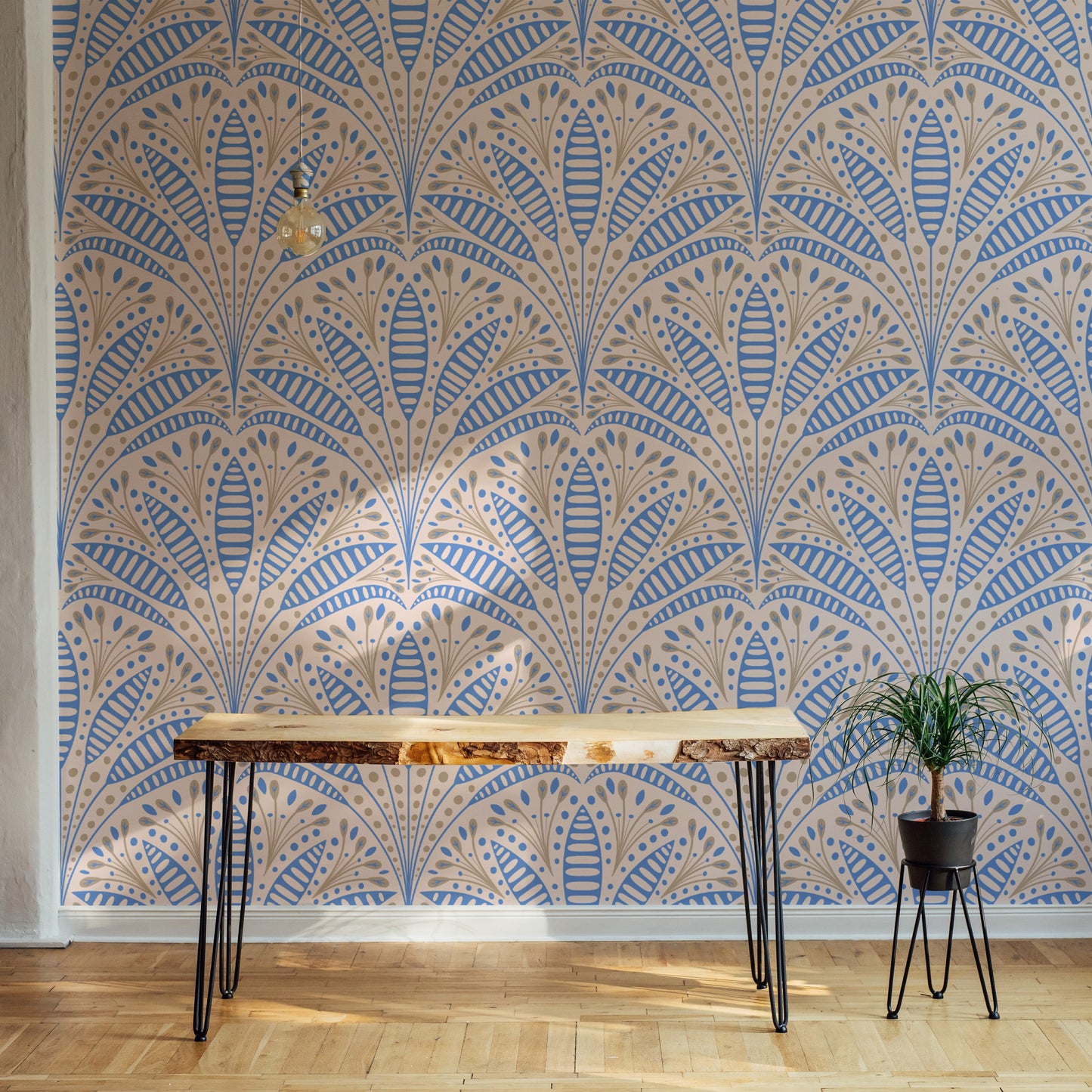 Decorative Art Deco wallpaper with lush blue palm designs.
